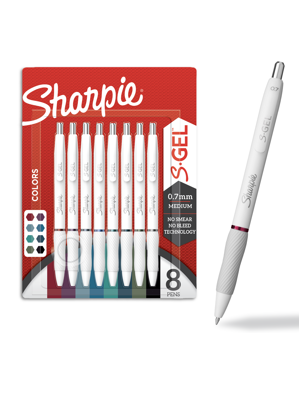 Sharpie S-Gel | Medium spids (0.7mm) | Assorterede Blækfarver | Hvidt perleskaft | 8 stk