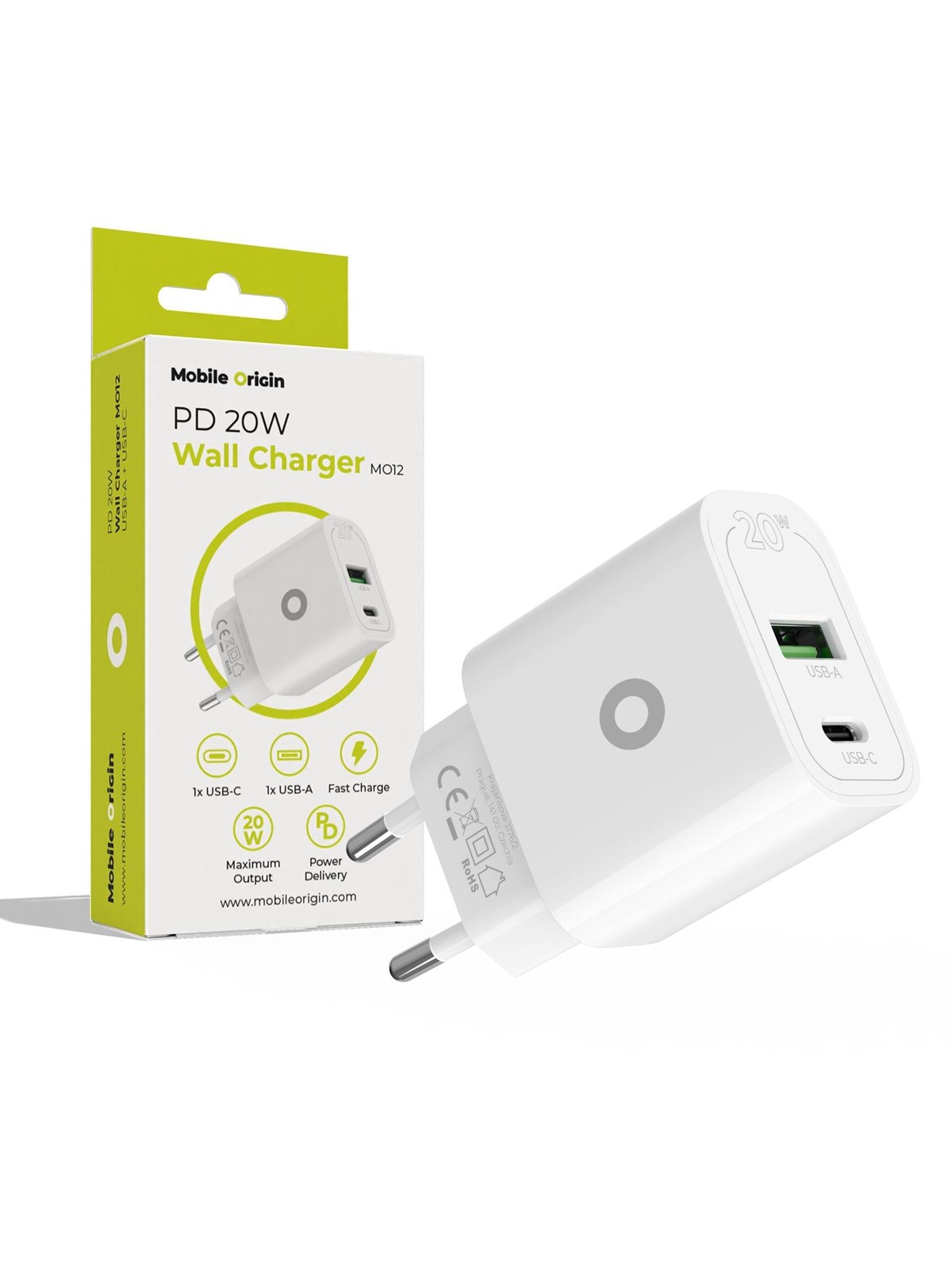Mobile Origin PD20W Wall Charger MO12 - white 1 USB-A + 1 USB-C, Mobil Oplader