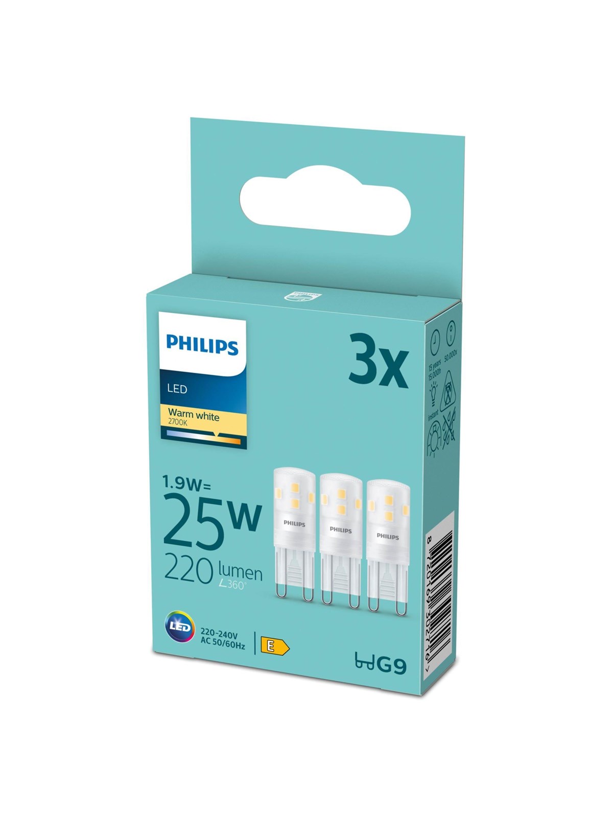 Philips LED pære Spot 1,9W827 (25W) 3-pak G9, Lyskilde