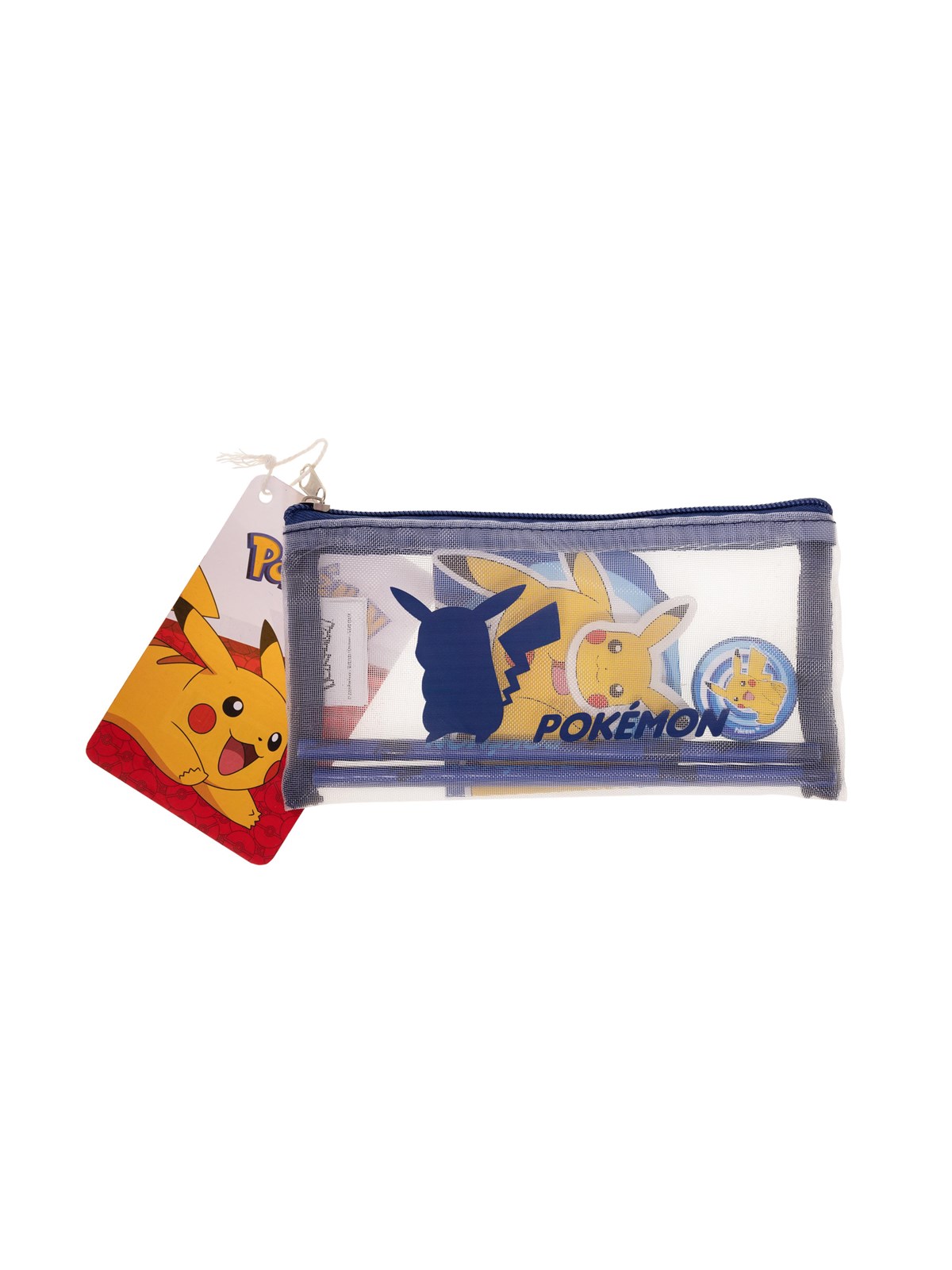 Euromic POKÉMON Filled MESH pencil pouch w/stationery articles: 2 triangular pencils 1 round sharpener 1 shaped eraser 1 shaped memo pad. Size of 