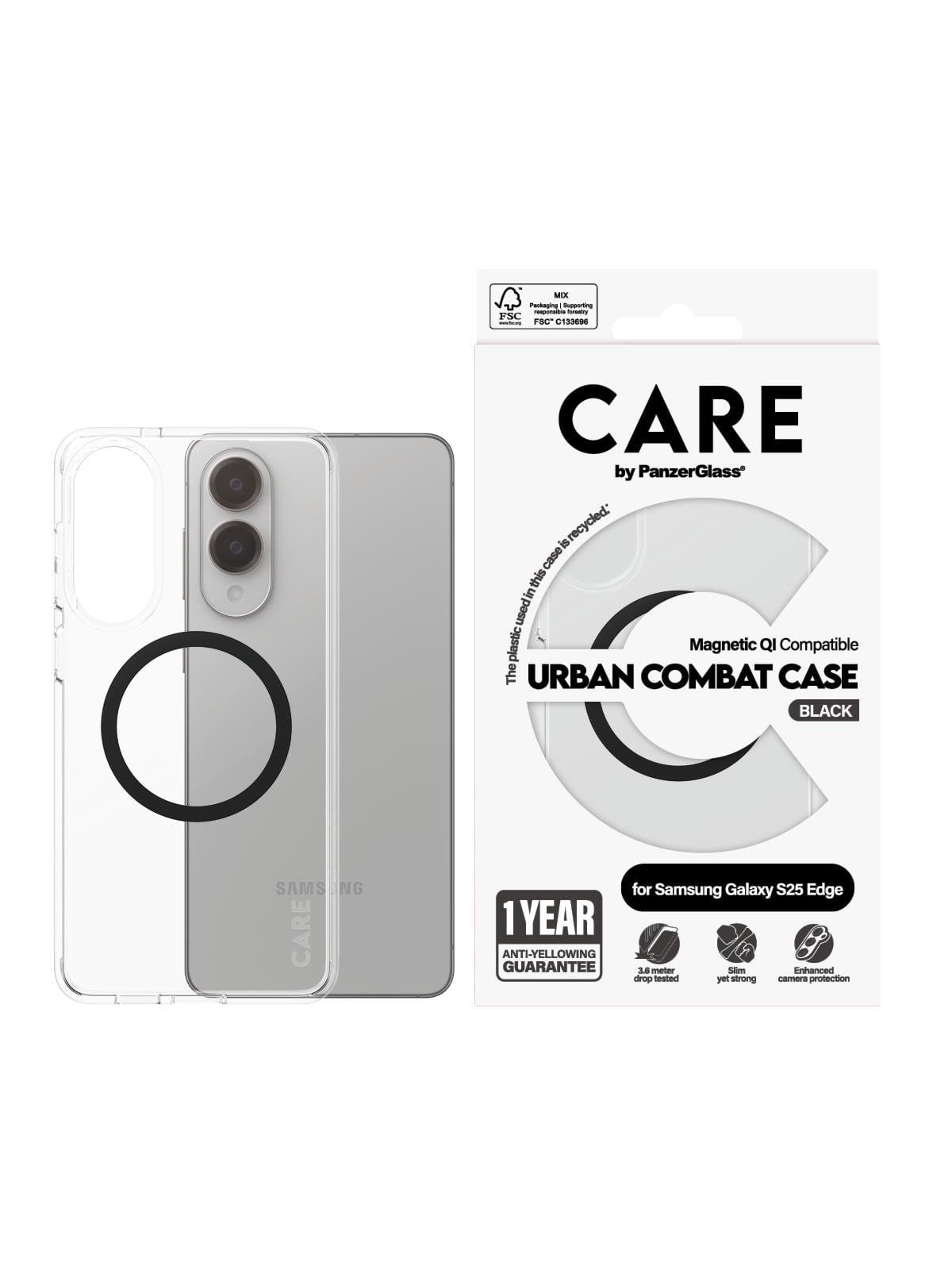 CARE by PanzerGlass Flagship Case Transparent Urban Combat w. Black Qi Compatible Samsung S25 Edge
