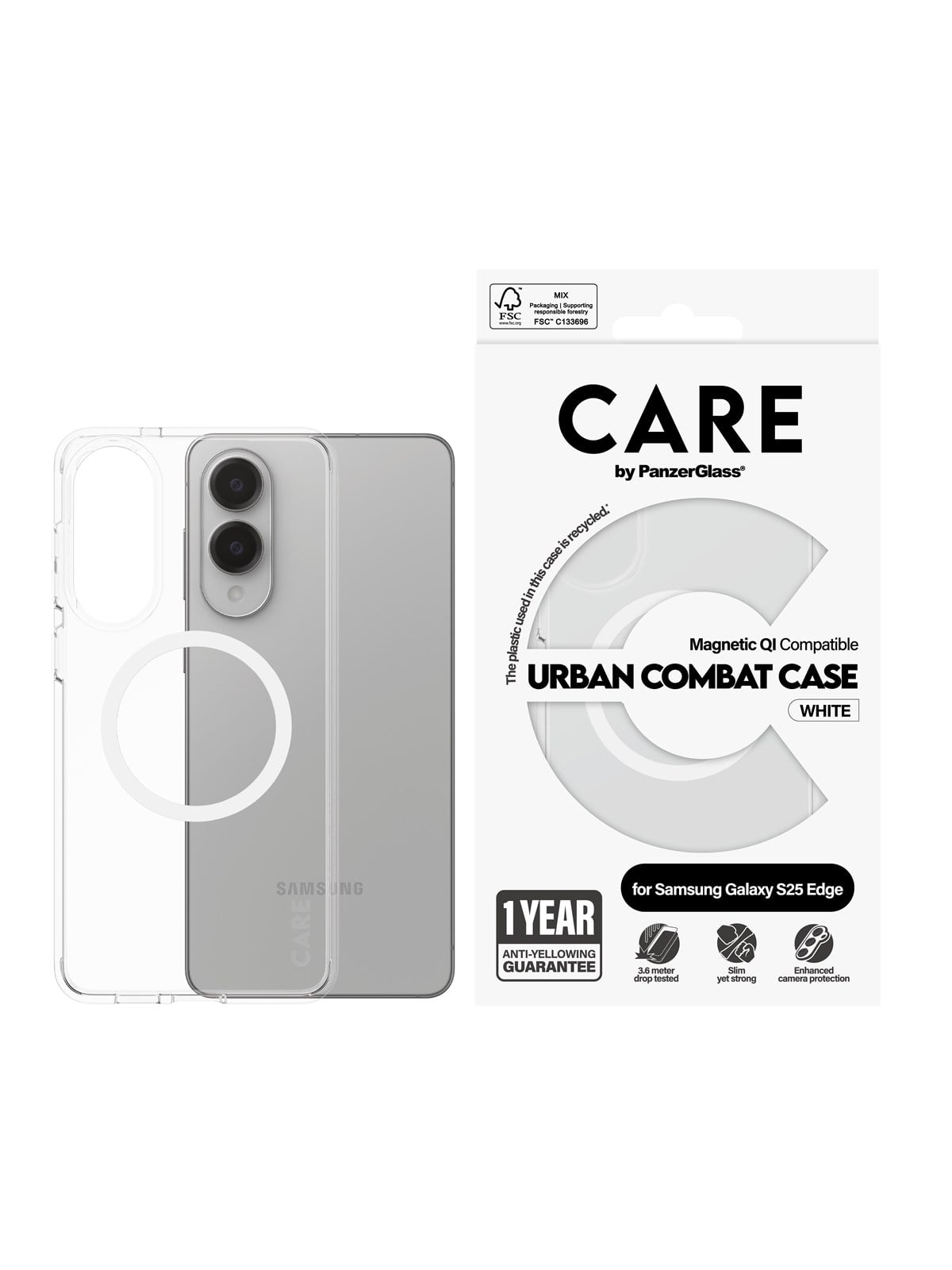 CARE by PanzerGlass Flagship Case Transparent Urban Combat w. White Qi Compatible Samsung S25 Edge