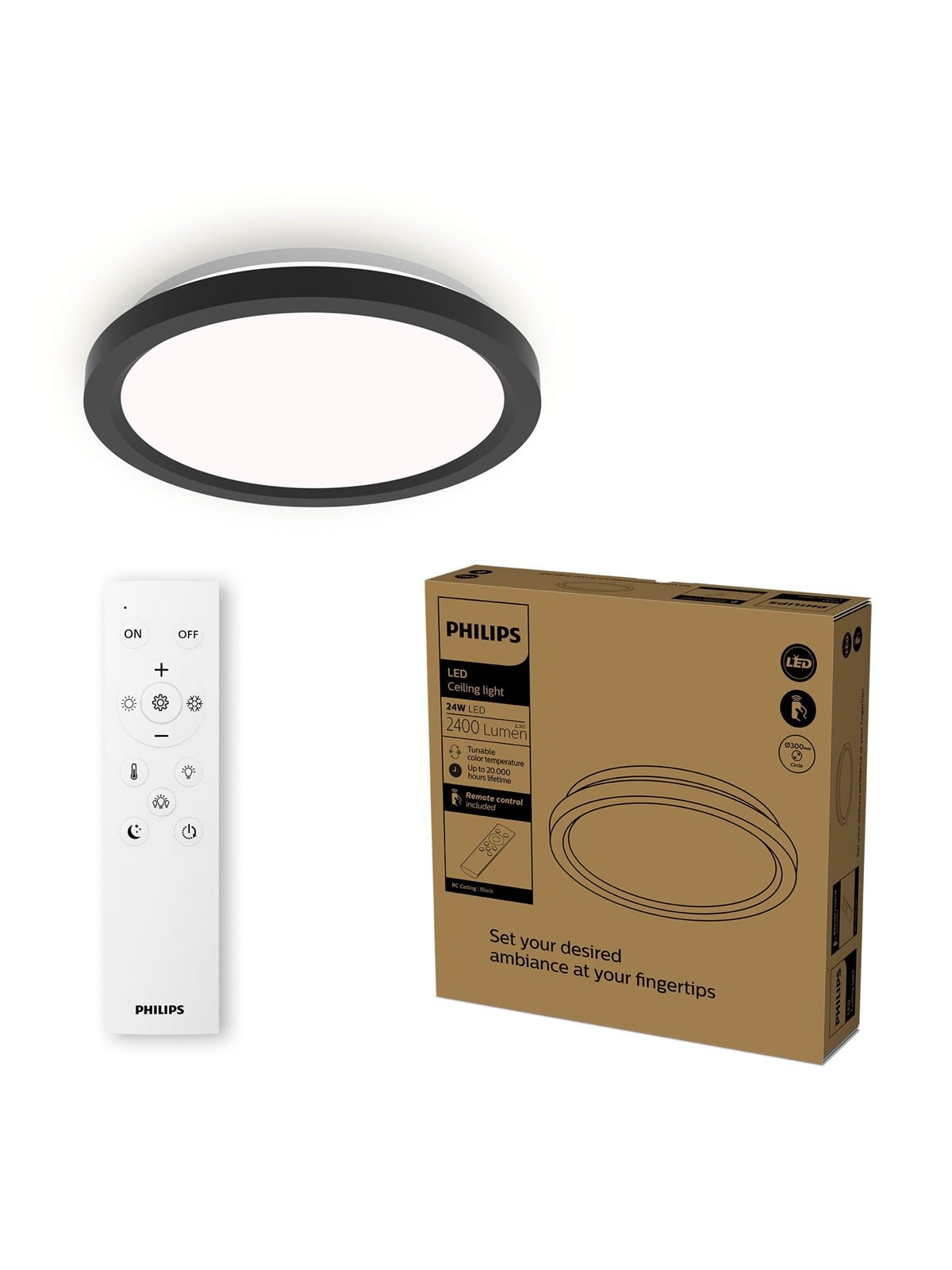 Philips AIO-loftlampe med fjernbetjening (rund, sort) - 24W integreret LED-lampe med 3-trins dæmpning