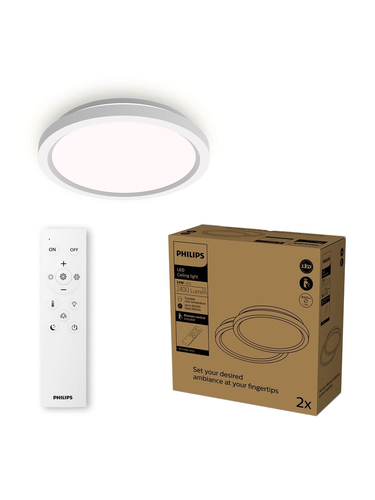 Philips AIO-loftlampe med fjernbetjening (rund, hvid) - 24W integreret LED-lampe med 3-trins dæmpning, 2-pak