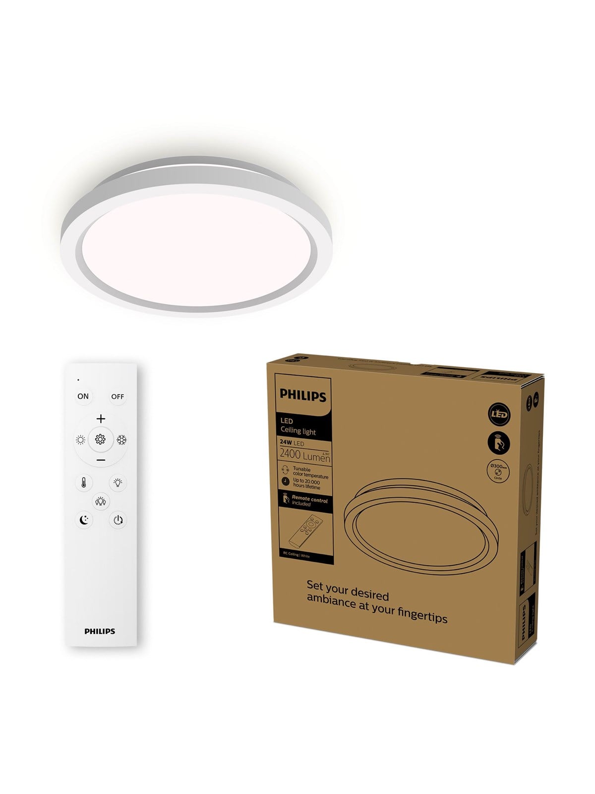 Philips AIO-loftslampe med fjernbetjening (rund, hvid) - 24W integreret LED-lampe med 3-trins dæmpning