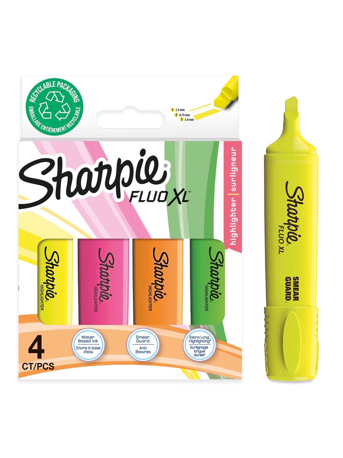 Sharpie Fluo XL Highlighters | Mejselspids | Forskellige fluorescerende farver | 4 stk