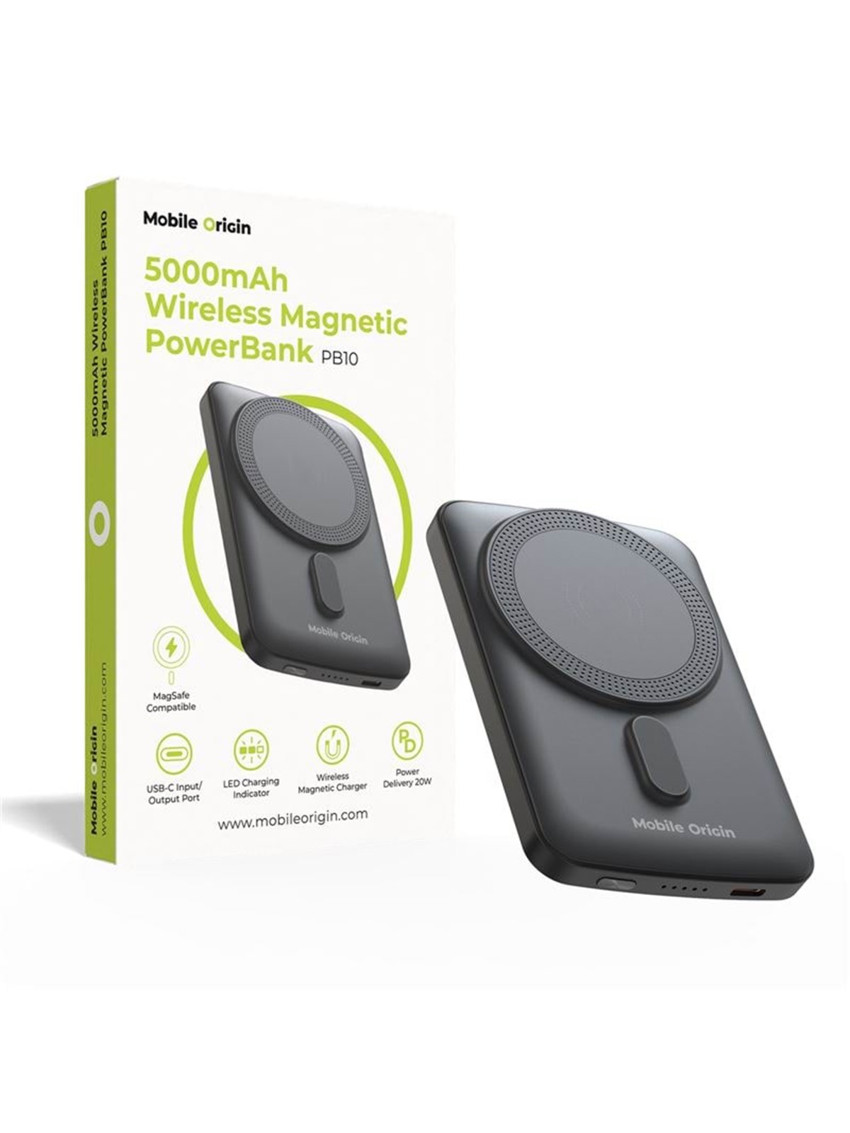 Mobile Origin Wireless Magnetic PowerBank 5000mAh PB10 Powerbank - Sort - 5000 mAh
