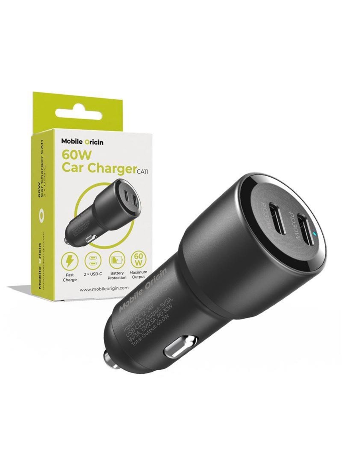 Mobile Origin Car Charger 60W 2 USB-C - CA11, Mobil Oplader
