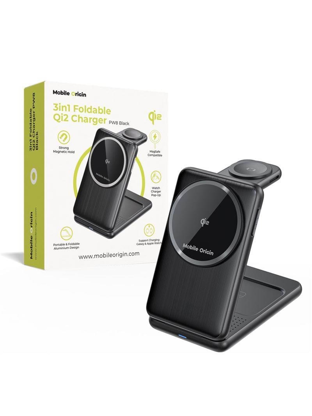 Mobile Origin 3in1 Foldable Qi2 Charger PW8 - black, Mobil Oplader