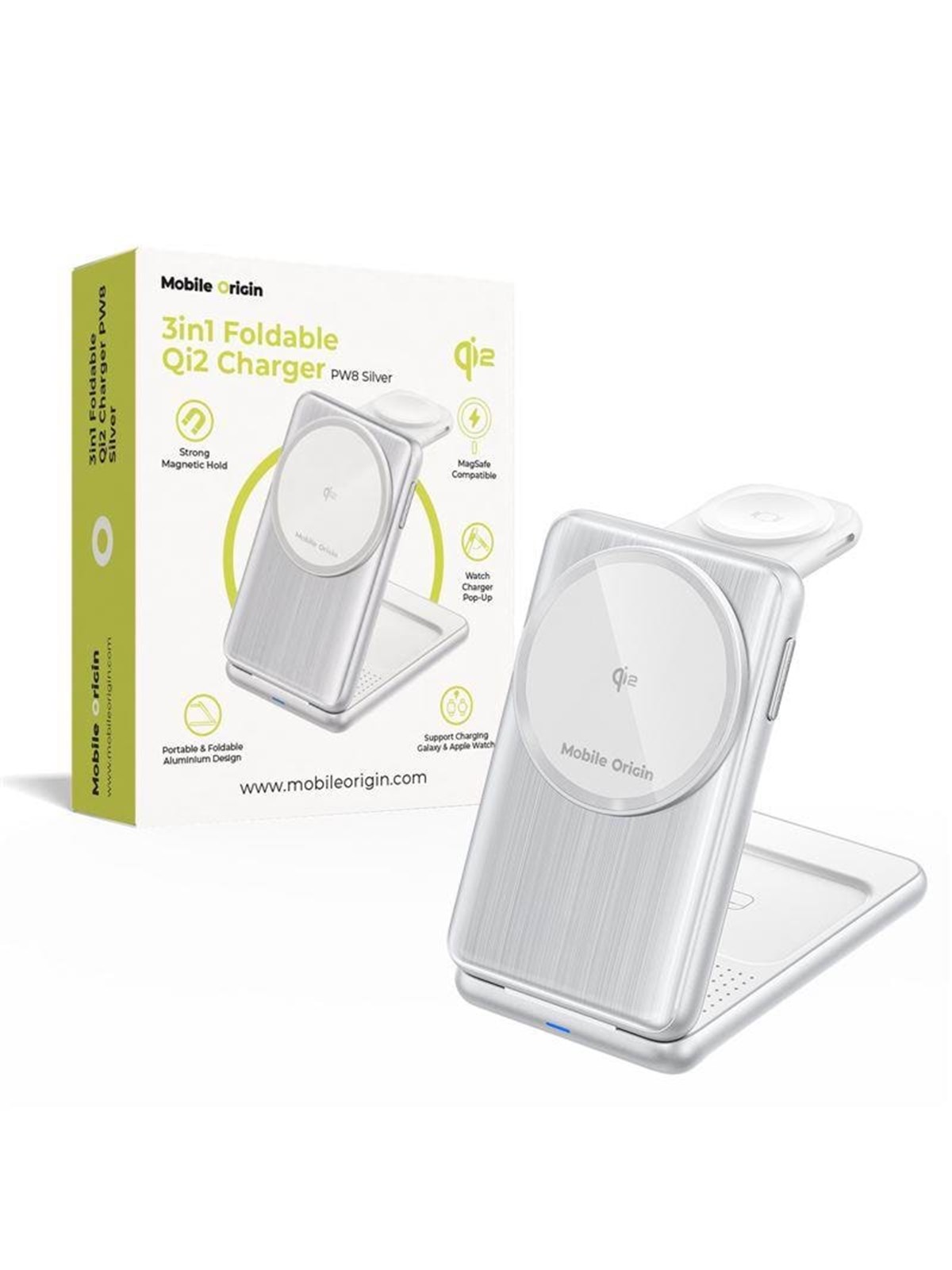 Mobile Origin 3in1 Foldable Qi2 Charger PW8 - silver, Mobil Oplader