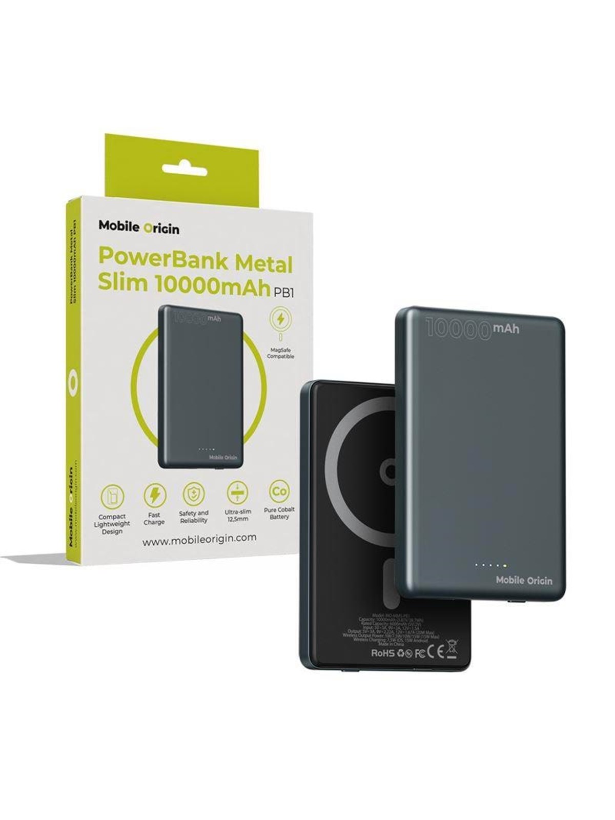 Mobile Origin PowerBank Metal Slim 10000mAh PB1 Powerbank - Grå - 10000 mAh