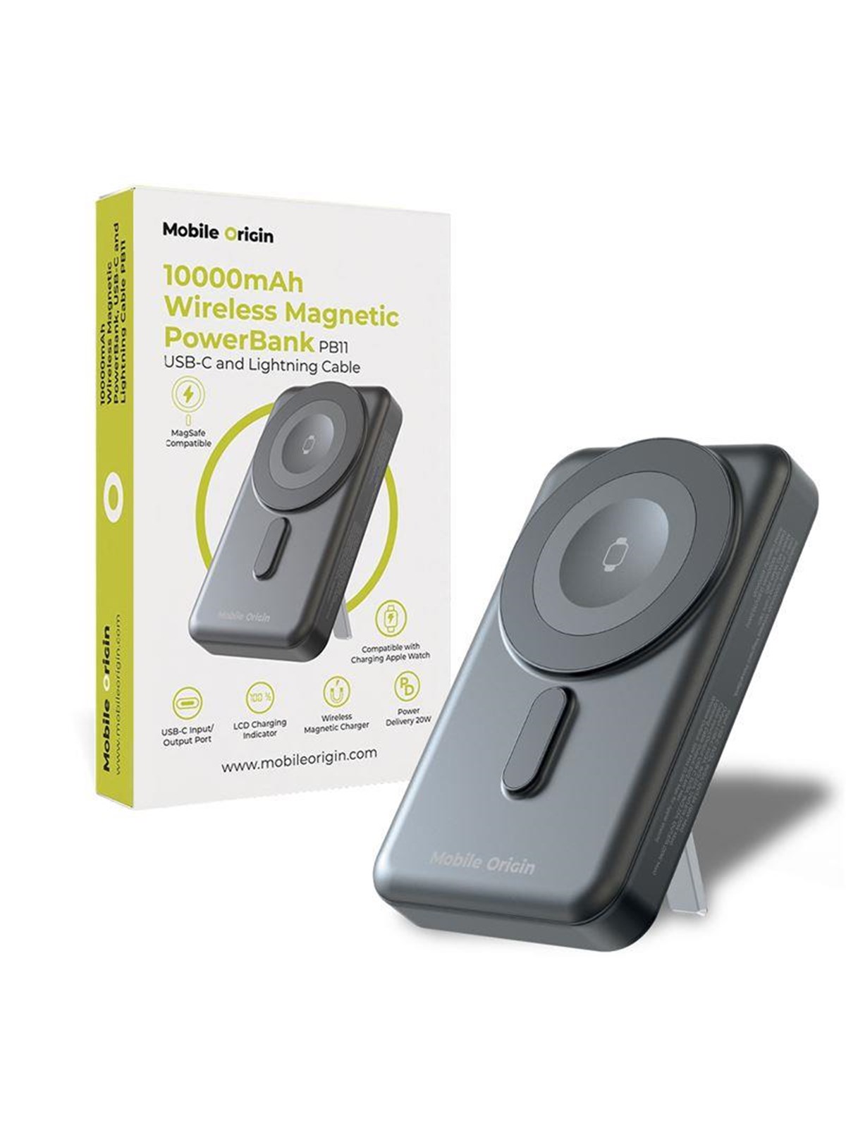 Mobile Origin Wireless Magnetic PowerBank 10000mAh - USB-C and Lightning Cable PB11 Powerbank - Grå - 10000 mAh