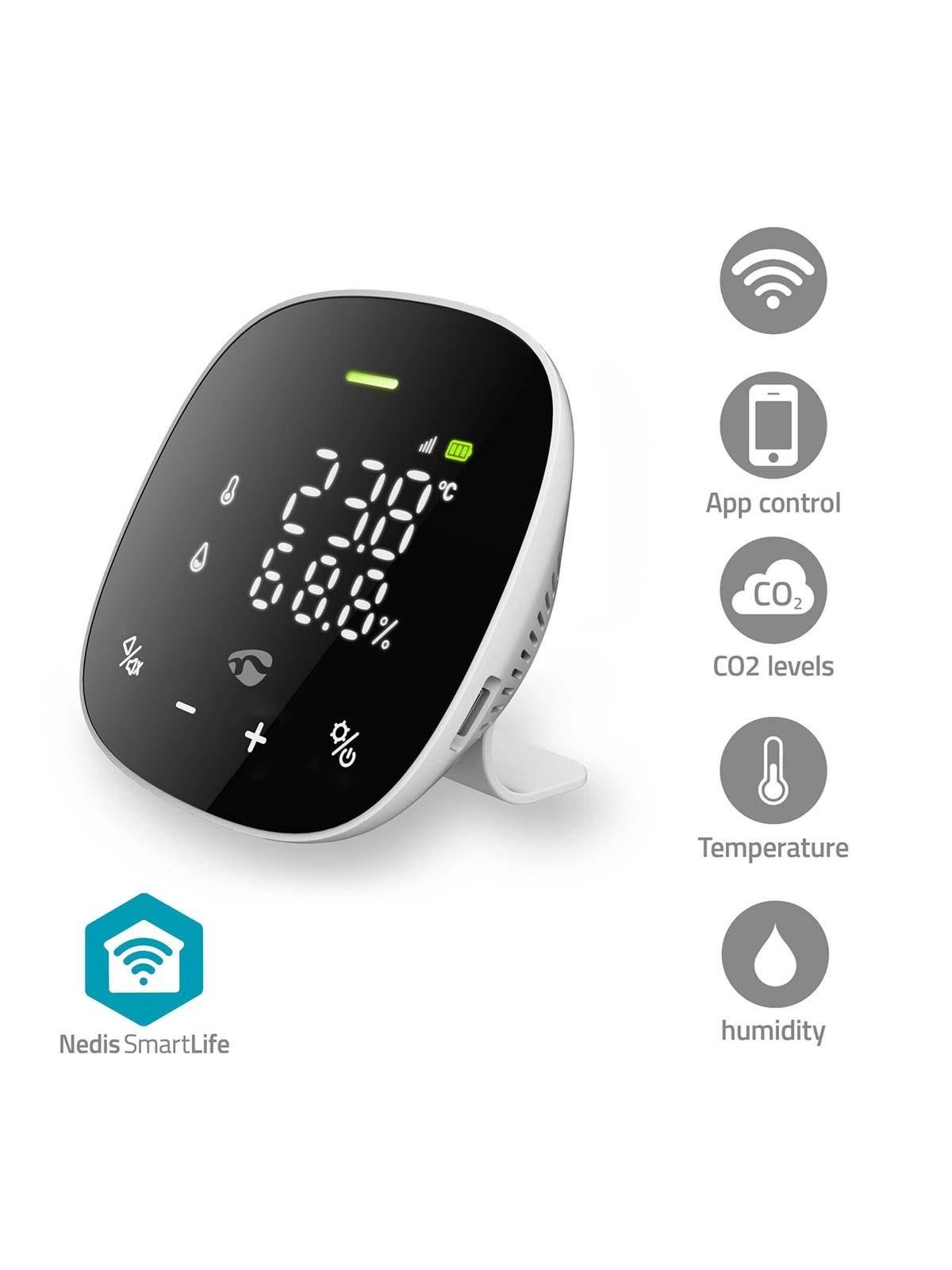 Nedis SmartLife-luftkvalitetsmåler Wi-Fi Inkl. Skærm Fugtighed / Kuldioxid (CO2) / Temperatur Android / IOS Hvid / Sort
