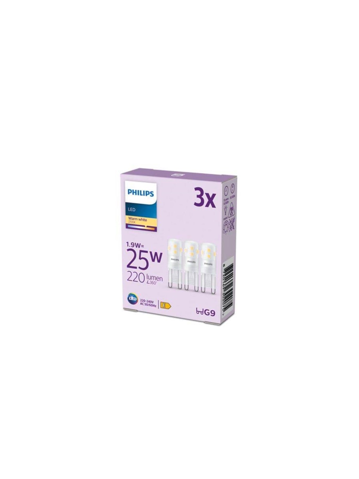 Philips LED pære 220lm 1,9W/827 (25W) 3-pak G9, Lyskilde