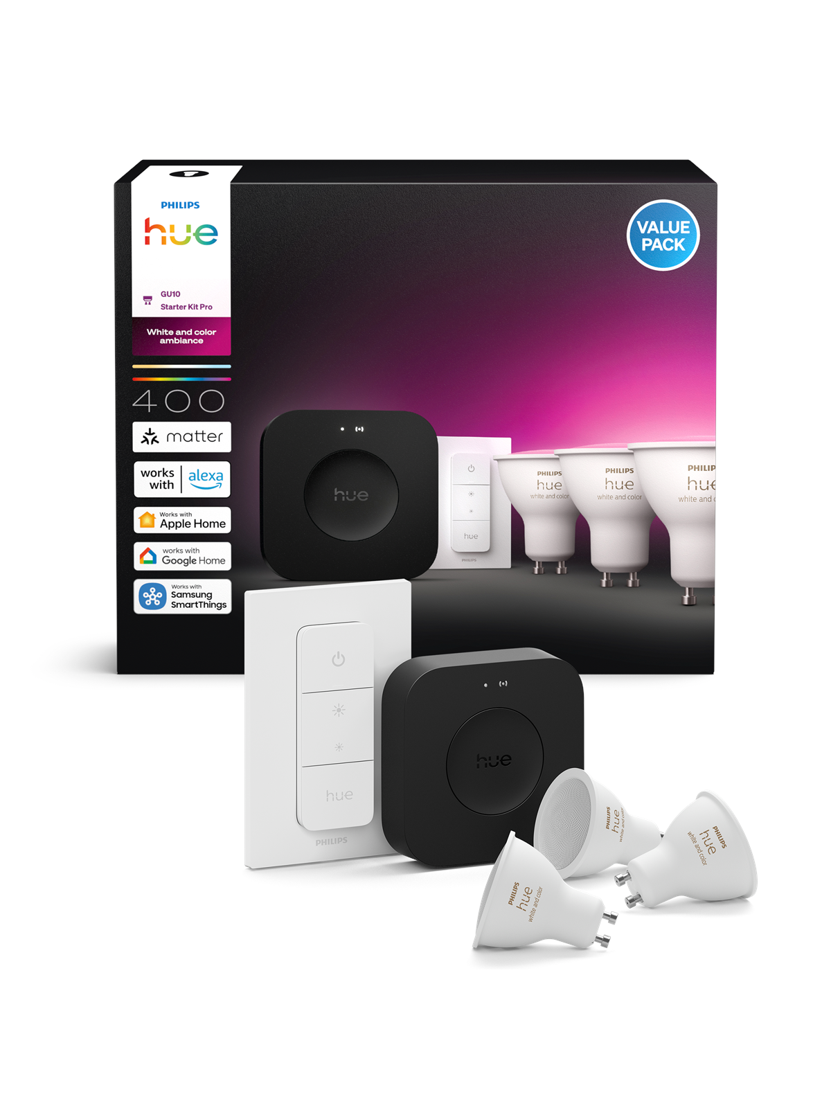Philips Hue Startsæt: 3 x GU10 spots + Dimmer switch + Bridge Pro, Smart Home