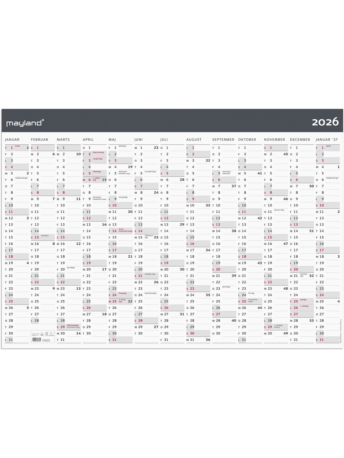 Mayland Kæmpekalender Moderne 1x13 mdr. papir rør 2026, Kalender