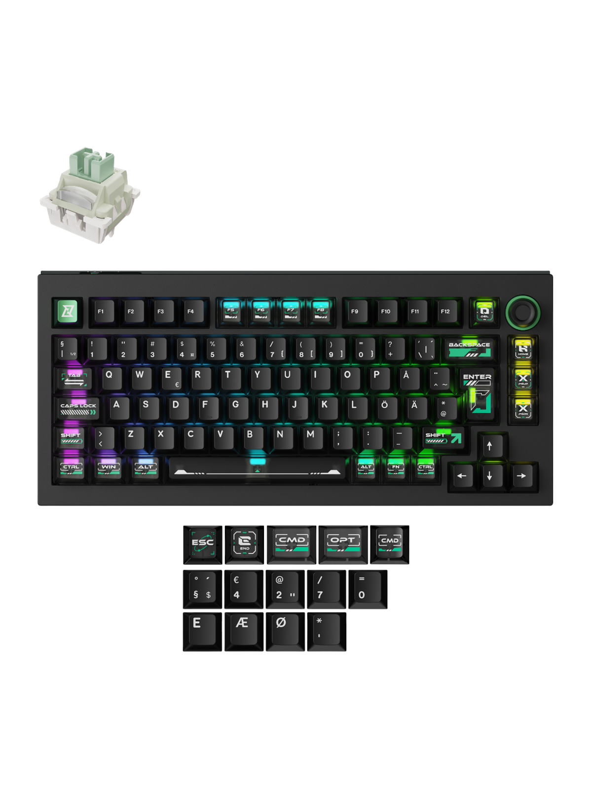 Keychron Lemokey L5 HE - 8K 75% Knob Cyber Lime Magnetic Switch (Hall Effect) - Gaming Tastatur - Uden Numpad - Nordisk - Sort