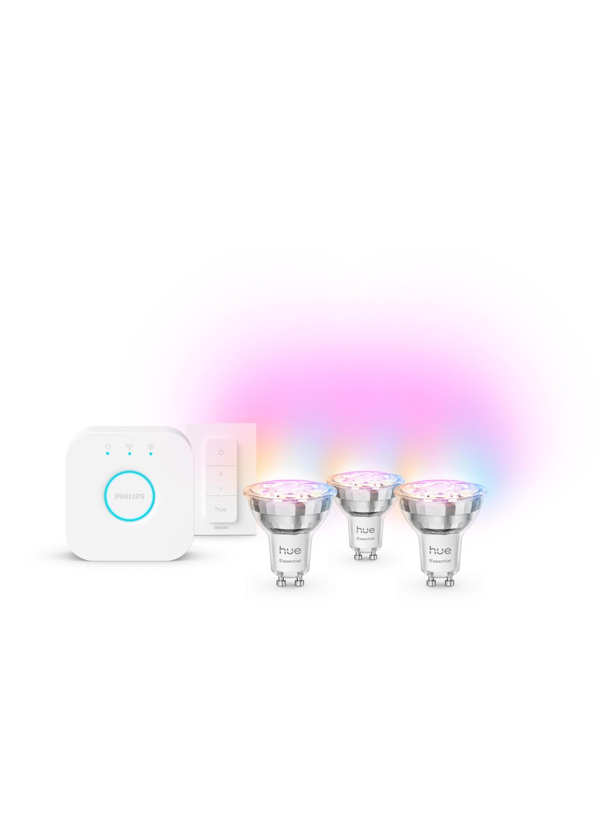 Philips Hue Essential startsæt: 3 x GU10 spots + Dimmer switch + Bridge