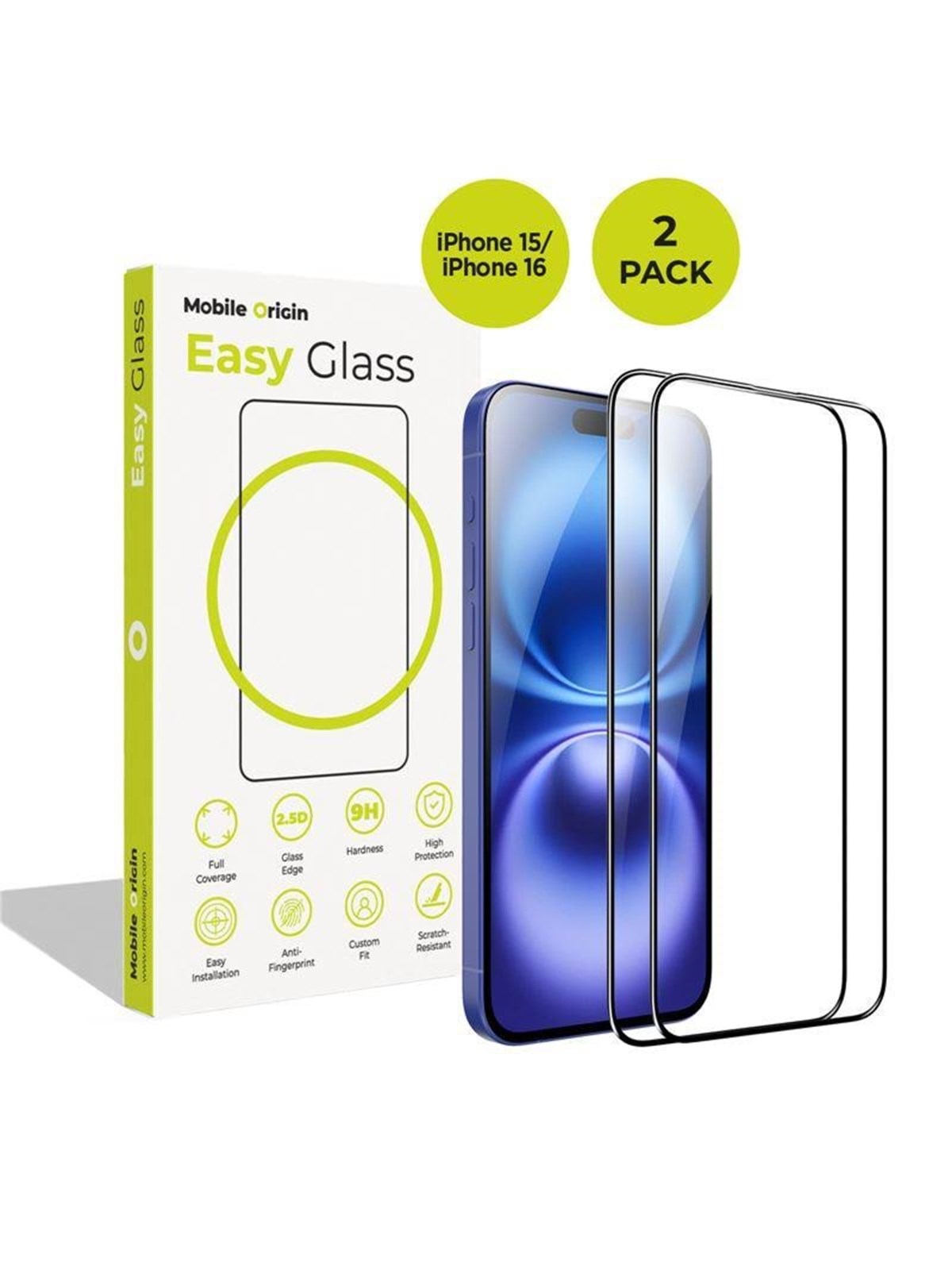 Mobile Origin EasyGlass iPhone 15/iPhone 16 - 2 pack, Beskyttelsesglas