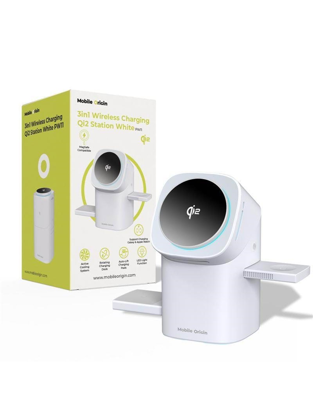 Mobile Origin 3in1 Wireless Charging Qi2 Station PW11 - white, Mobil Oplader