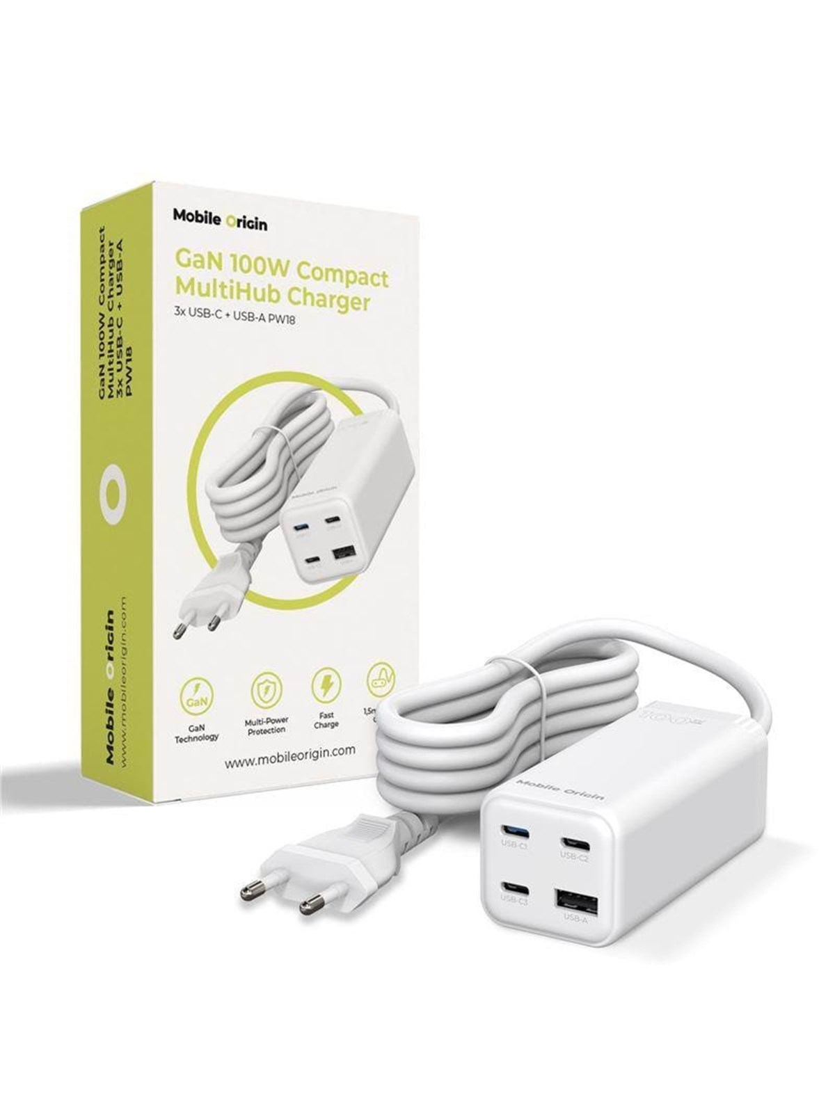 Mobile Origin GaN 100W Compact MultiHub Charger PW18 with 3x USB-C + USB-A
