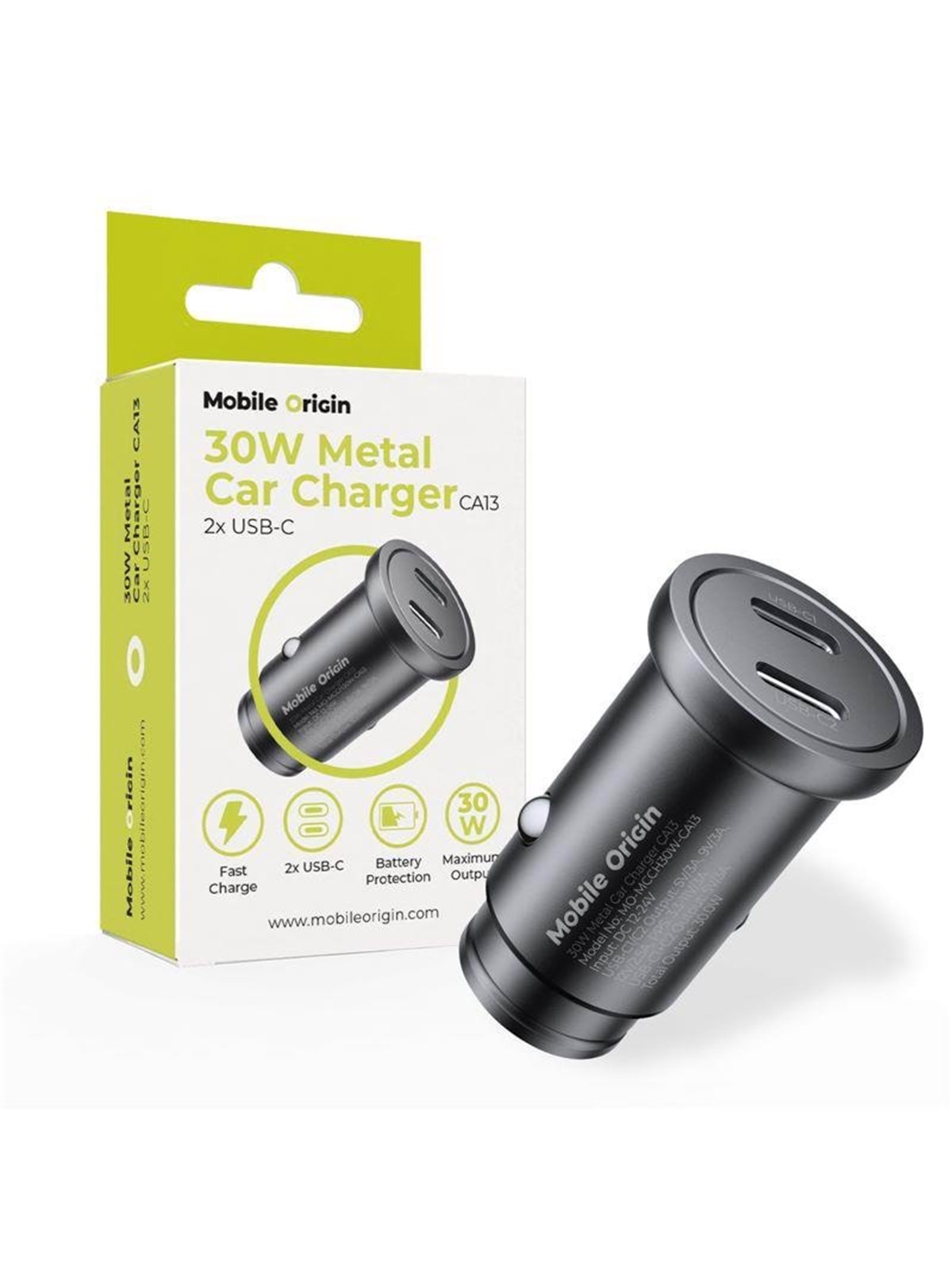 Mobile Origin Metal Car Charger 30W - CA13 - 2x USB-C, Mobil Oplader