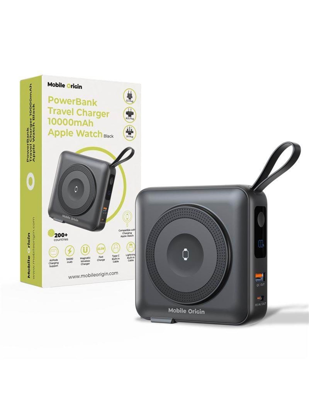 Mobile Origin PowerBank & Travel Charger - Lightning/USB-C Cable - MagSafe AW/iPhone Compatible - black Powerbank - Sort - 10000 mAh