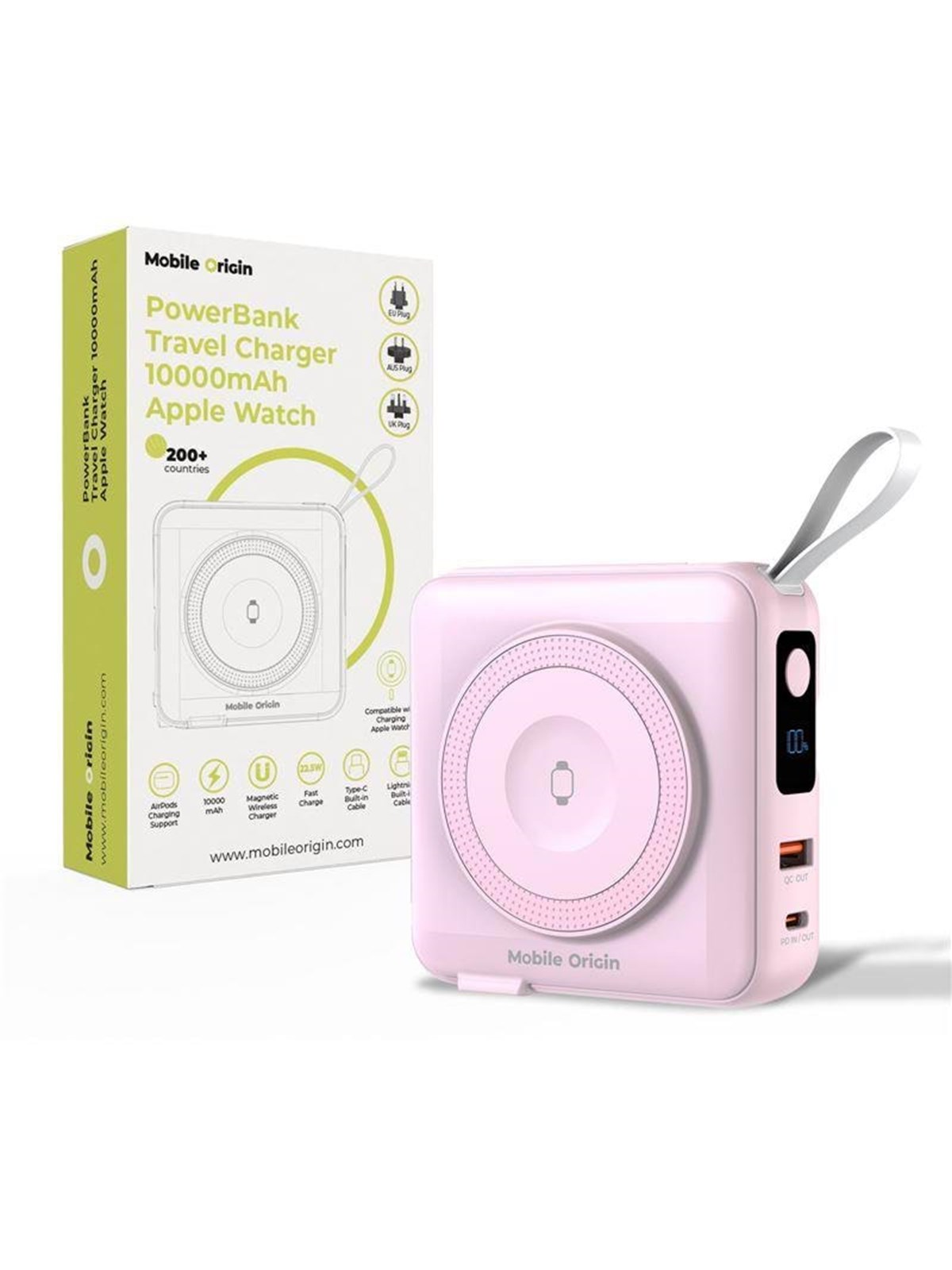 Mobile Origin PowerBank & Travel Charger - Lightning/USB-C Cable - MagSafe/AW/iPhone Compatible - pink Powerbank - Pink - 10000 mAh