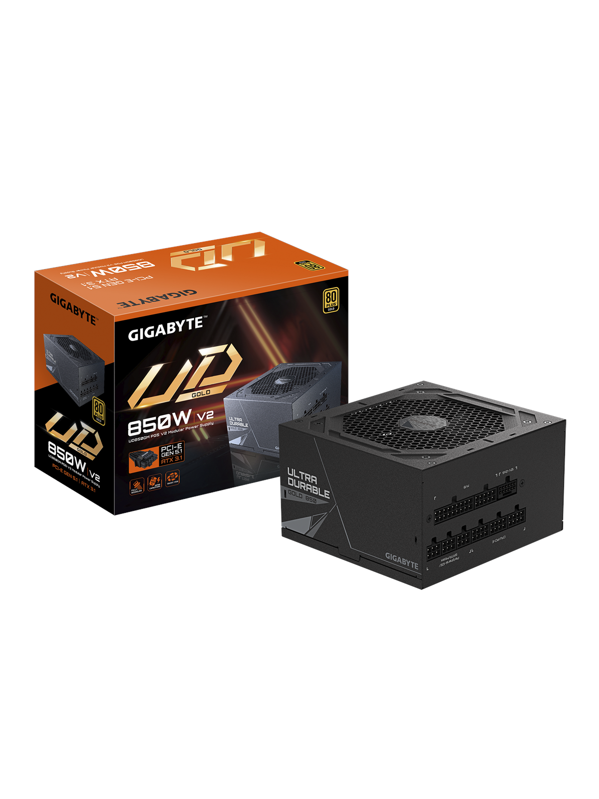 GIGABYTE UD850GM PG5 V2 Strømforsyning - 850 Watt - 120 mm - ATX 3.1 - 80 Plus Gold certified