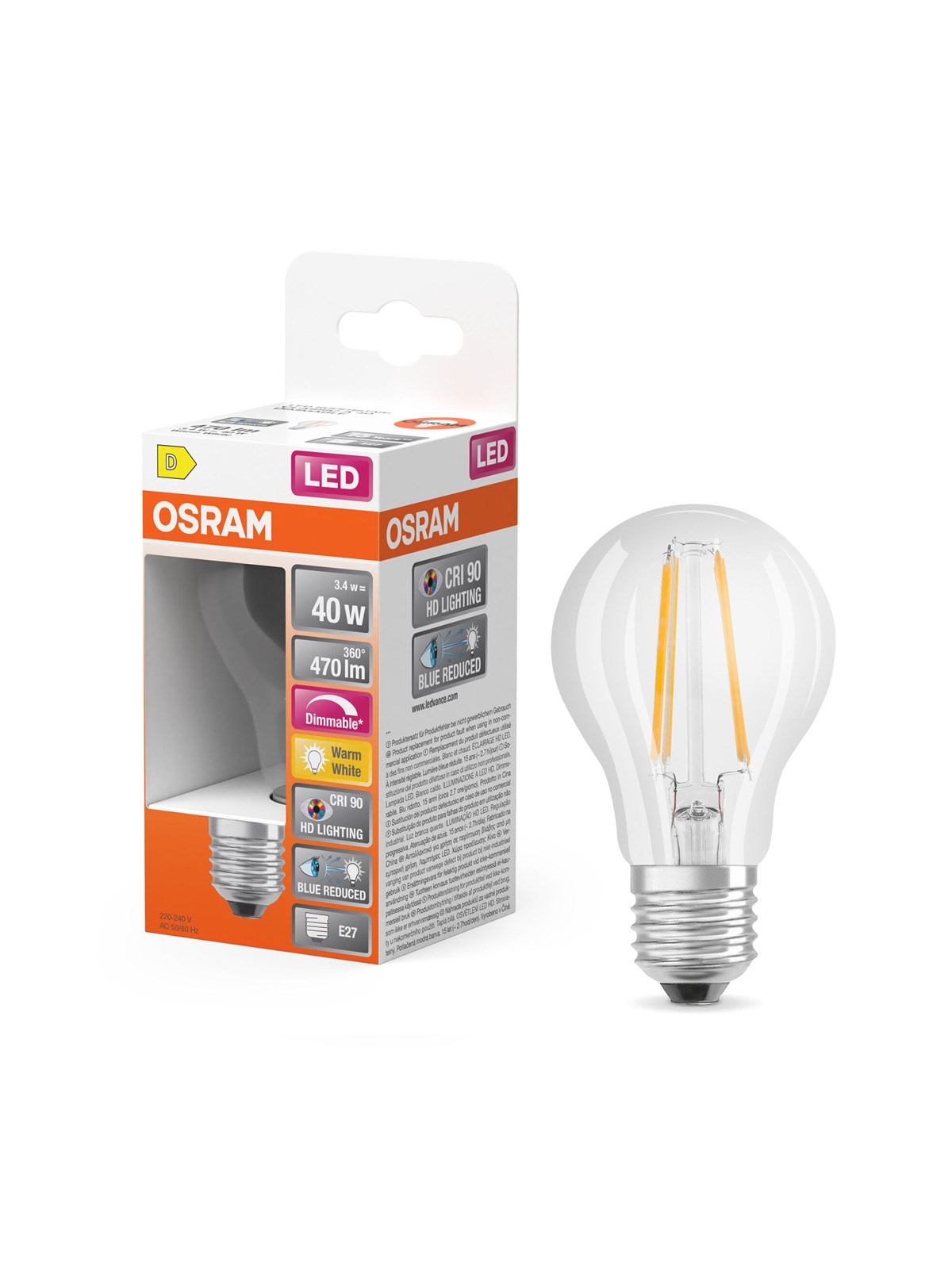 Osram LED pære LED Comfort standard filament 470lm 3,4W/927 (40W) dæmpbar E27