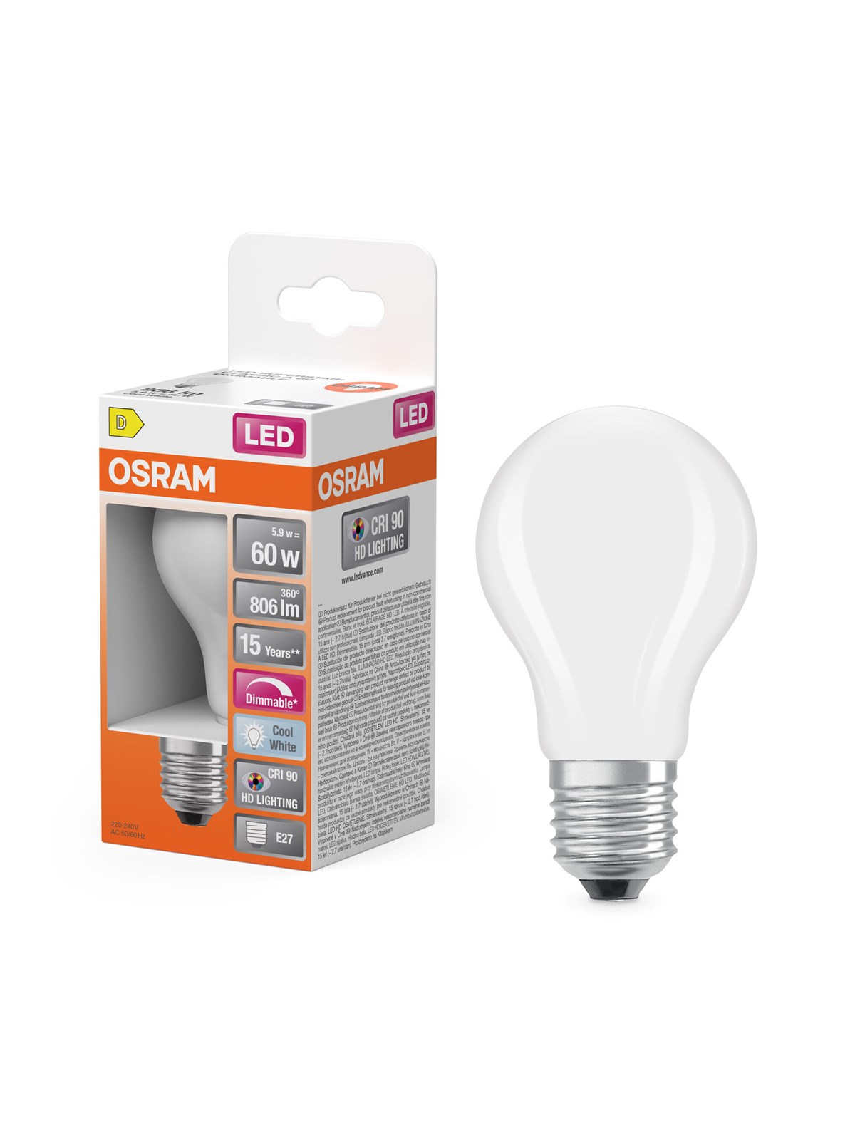 Osram LED pære LED Comfort standard mat 806lm 5,8W/940 (60W) dæmpbar E27