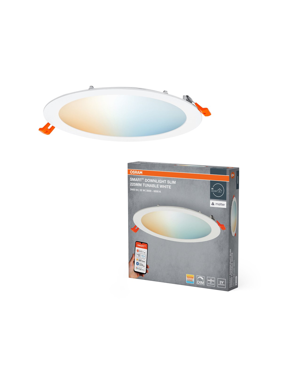 Osram SMART+ Downlight Slim 2000lm 22W/827-865 225mm hvid WiFi, Smart Home