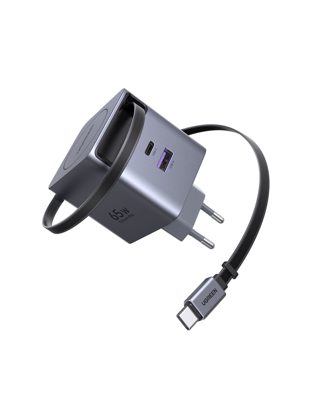 UGREEN 65 W GaN Fast Charger with Retractable Cable, Mobil Oplader