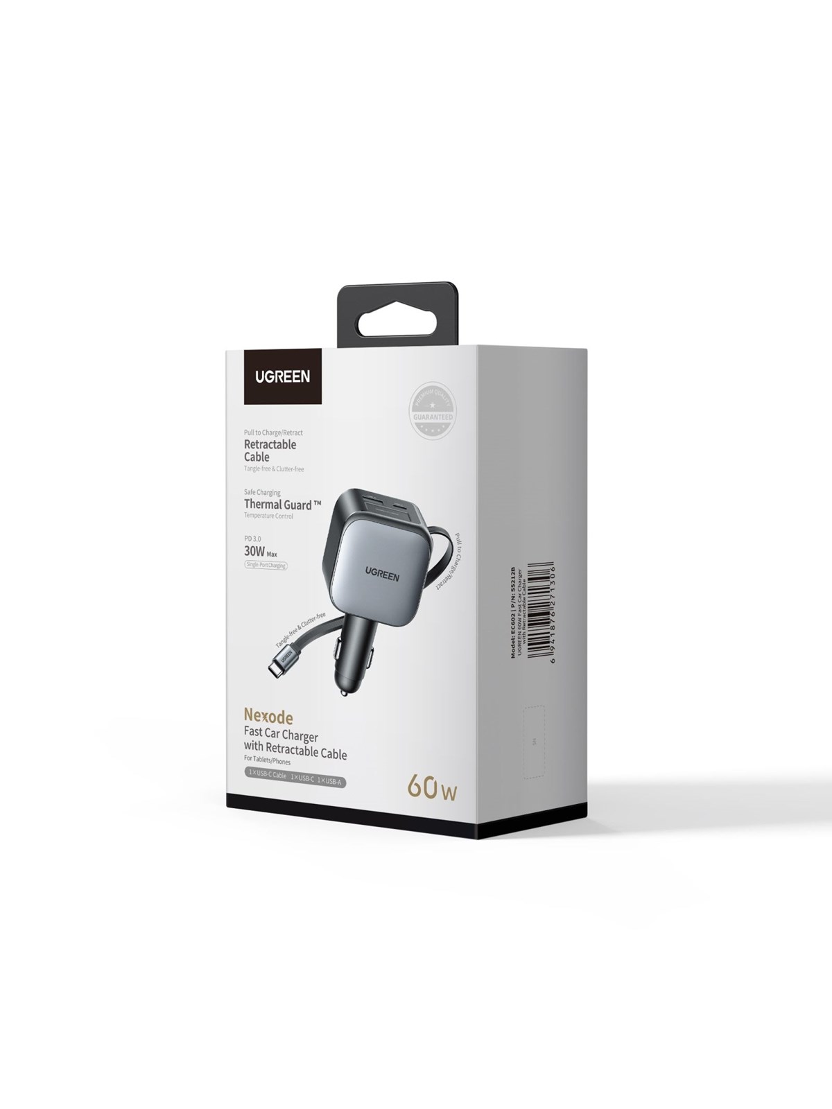 UGREEN 60 W Fast Car Charger with Retractable Cable, Mobil Oplader