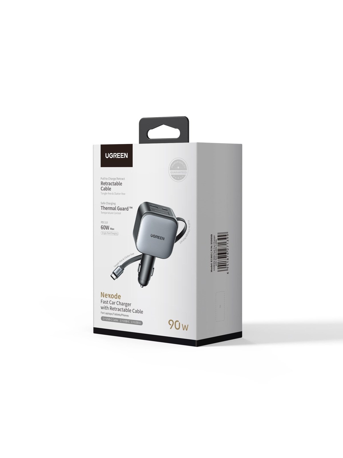 UGREEN 90 W Fast Car Charger with Retractable Cable, Mobil Oplader