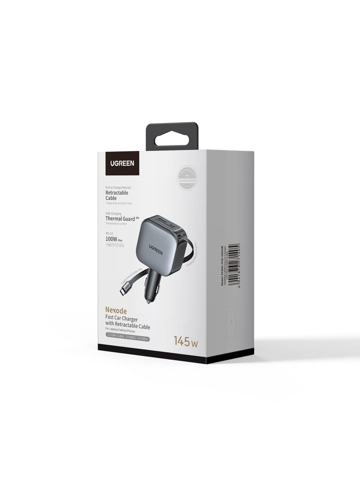 UGREEN 145 W Fast Car Charger with Retractable Cable, Mobil Oplader