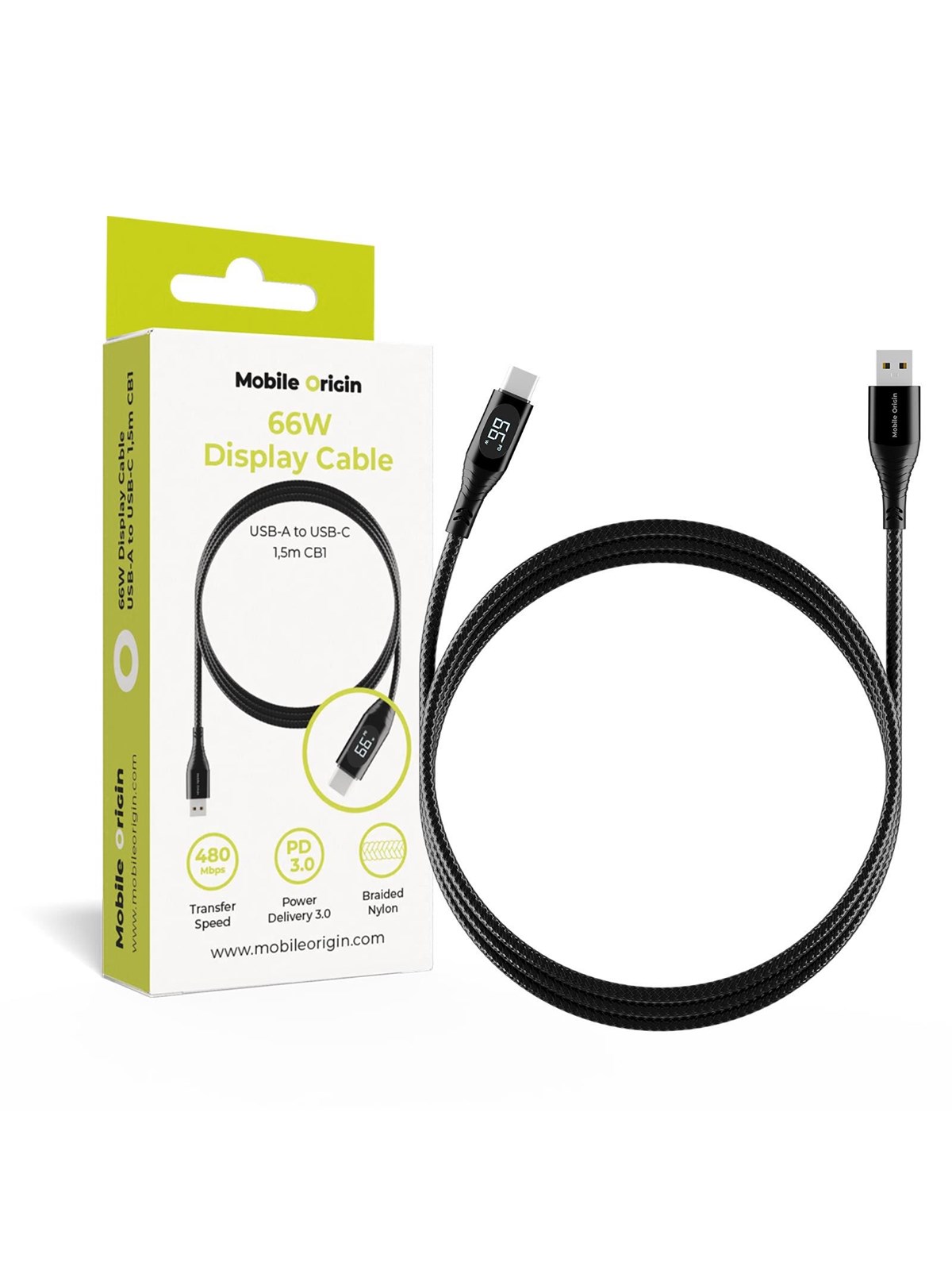 Mobile Origin 66W Display Cable USB-A to USB-C 1 -5m CB1, Usb Kabel