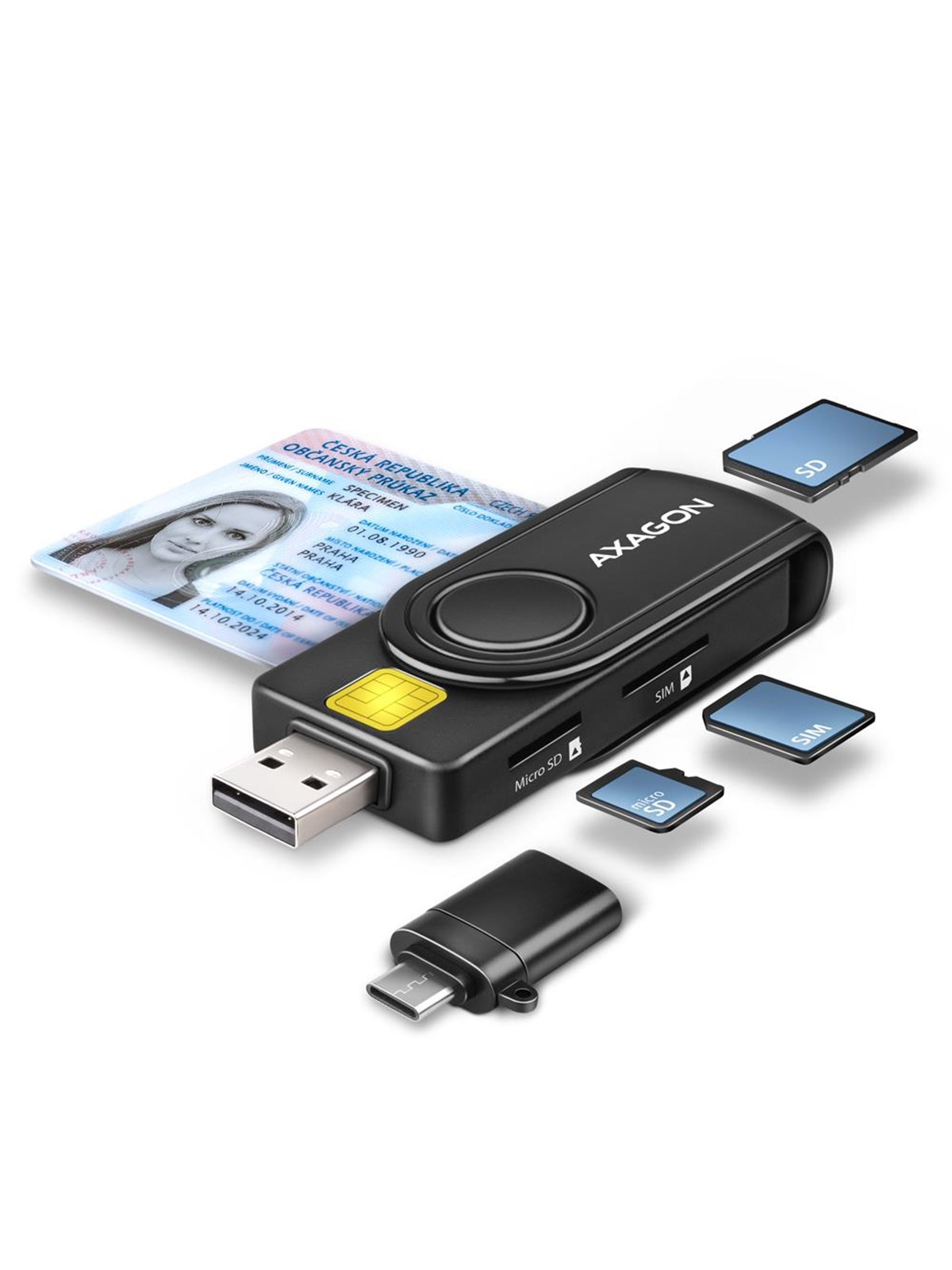 AXAGON USB Smart Card / ID Card & SD / microSD / SIM Card PocketReader, Kortlæser