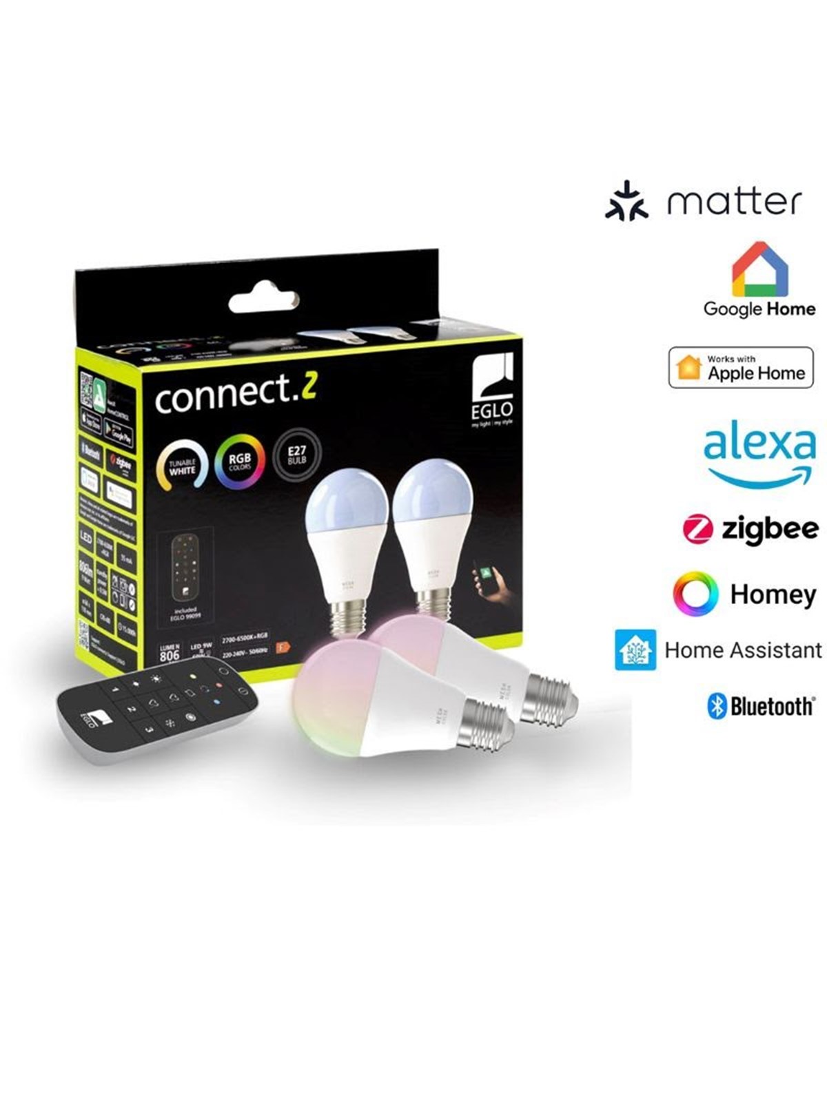 EGLO CONNECT.Z SÆT FJERNBETJENING + 2 E27 A60 opal SMART pærer M/FARVER(RGB) OG TUNABLE WHITE