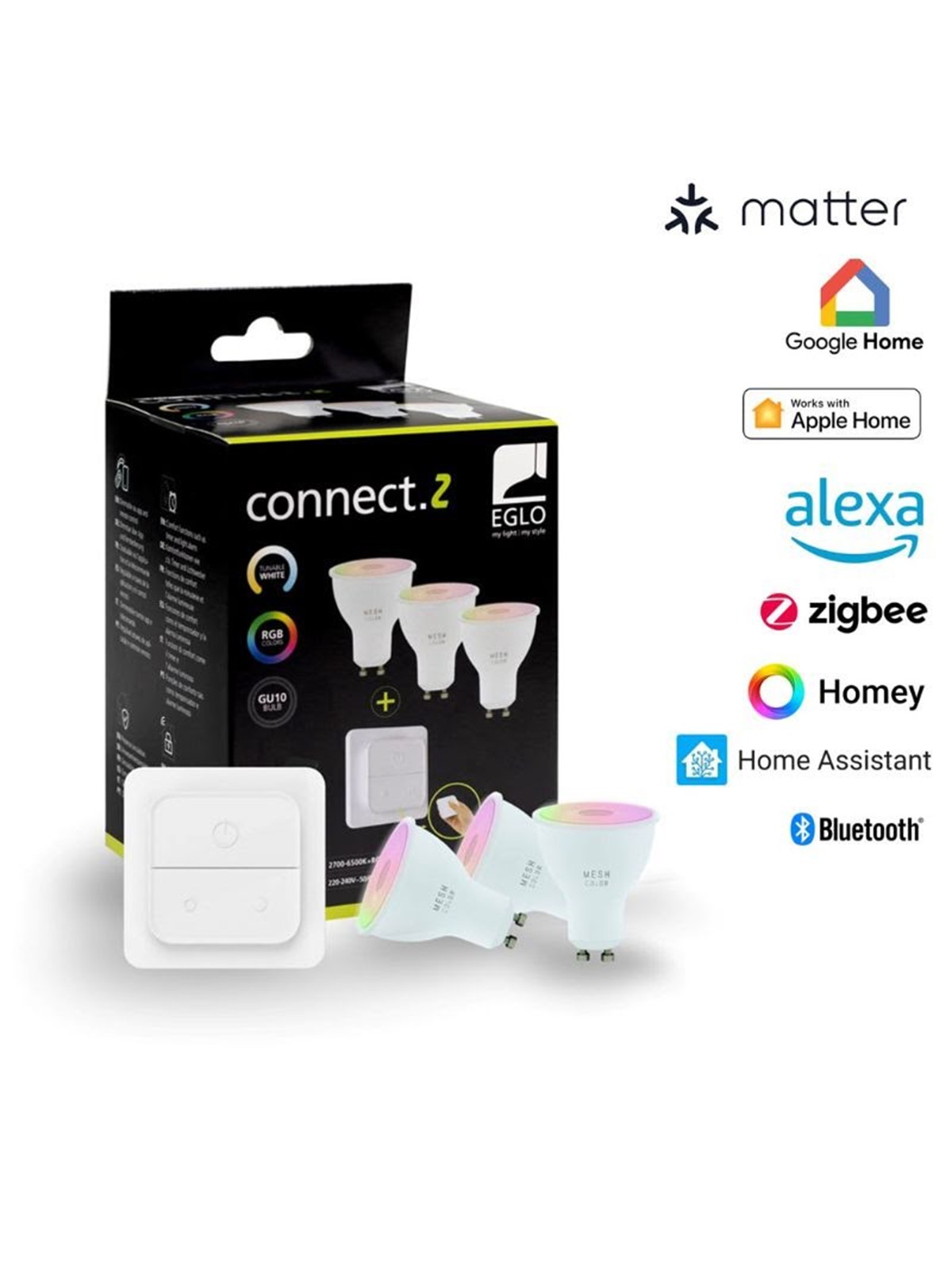 EGLO CONNECT.Z SÆT AFBRYDER + 3 GU10 opal SMART pærer M/FARVER(RGB) OG TUNABLE WHITE