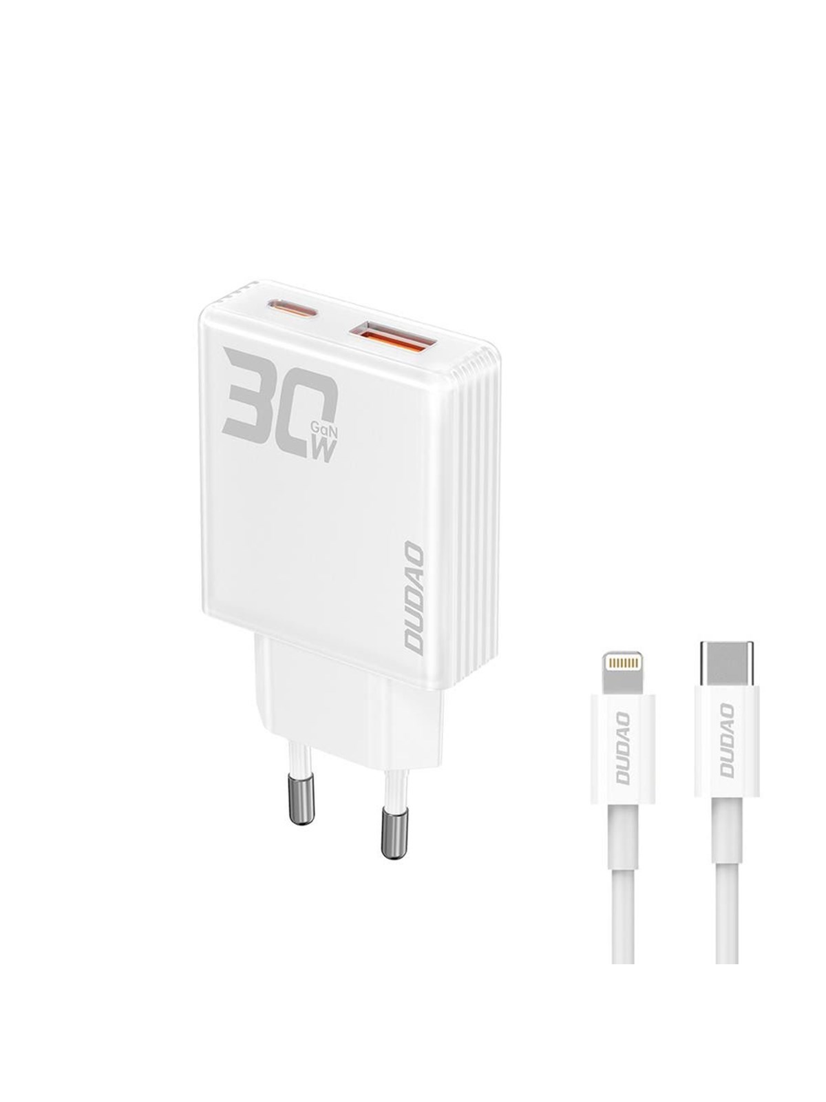 Dudao GaN A30EUL 30W USB-A / USB-C Wall Charger + USB-C - Lightning Cable - White