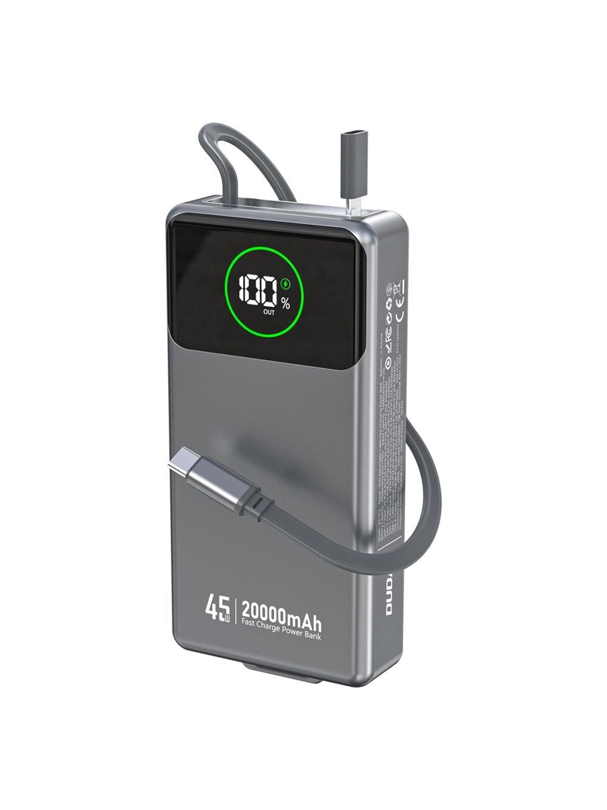Dudao K31 Pro 45W 20000mAh Power Bank with Built-in Retractable USB-C Cable - Gray Powerbank - Grå - 20000 mAh