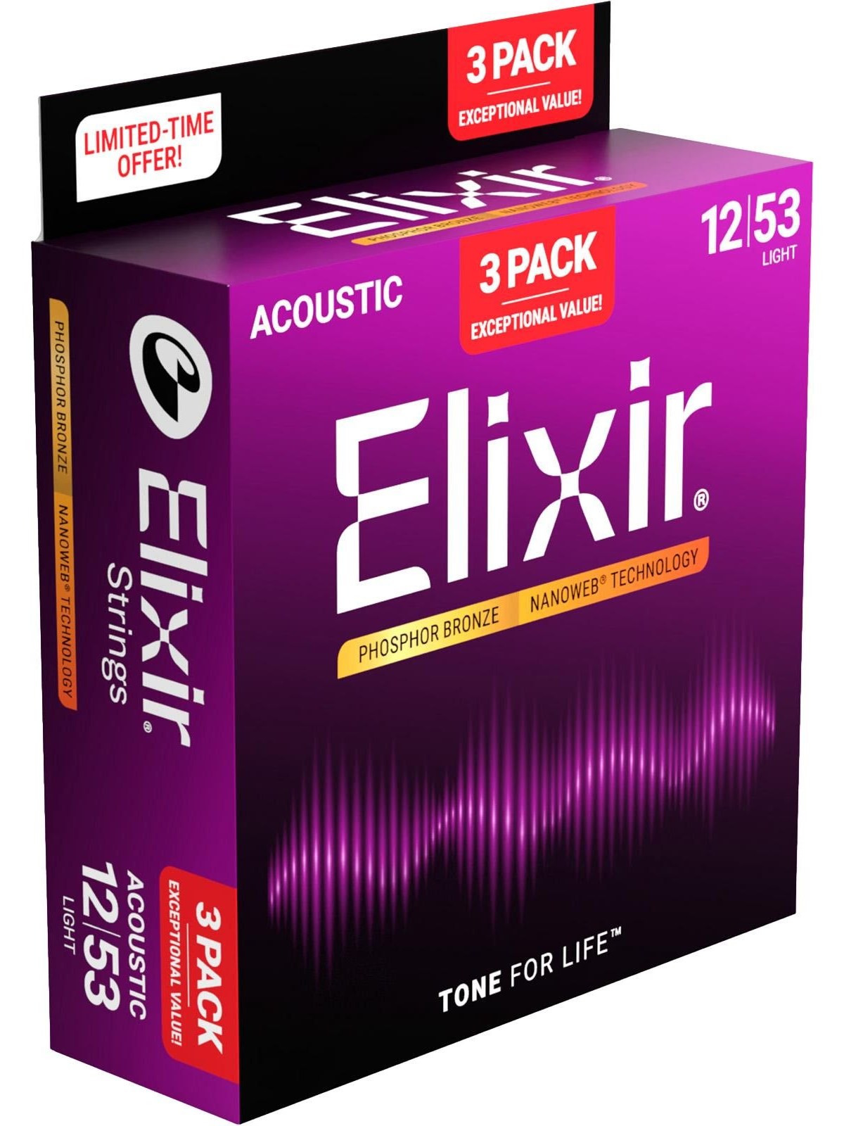 Elixir Strings 16569 - Phosphor Bronze - Akustiske strenge - Nanoweb - Light (12-53) - 3-pak