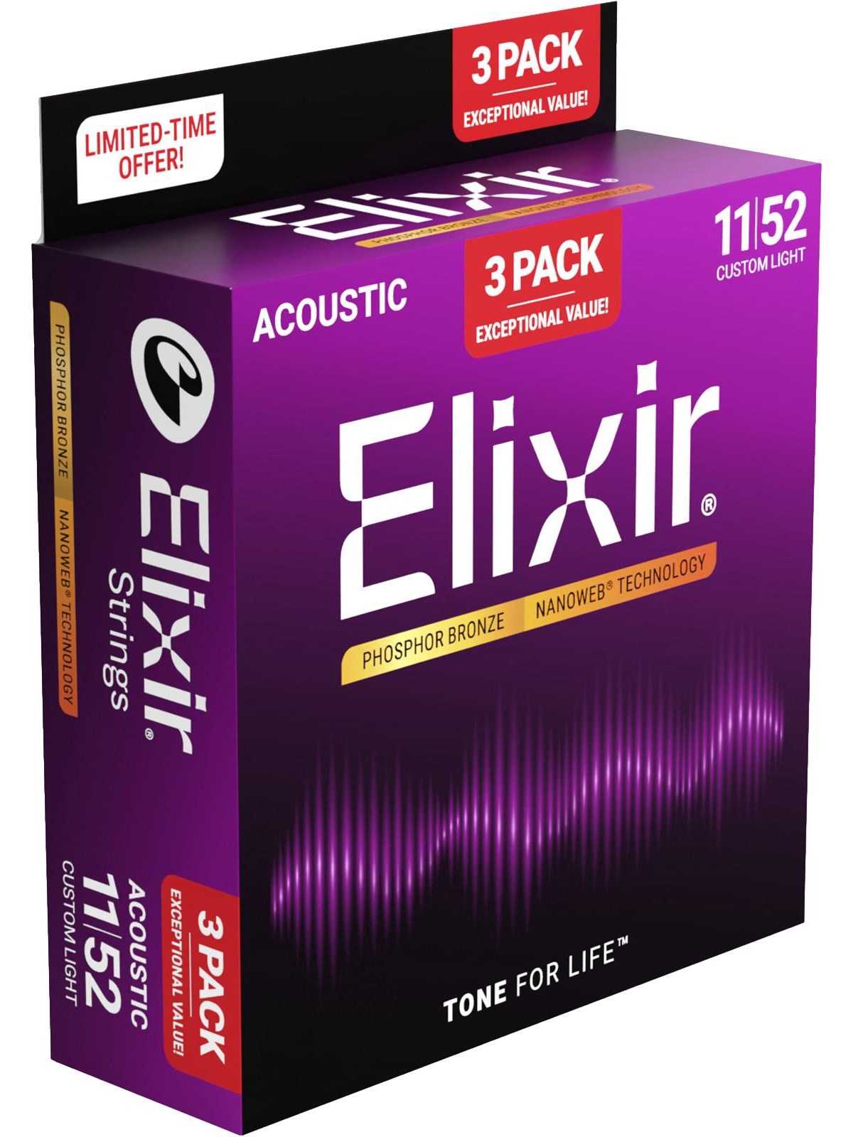Elixir Strings 16568 - Phosphor Bronze - Akustiske strenge - Nanoweb - Custom Light (11-52) - 3-pak