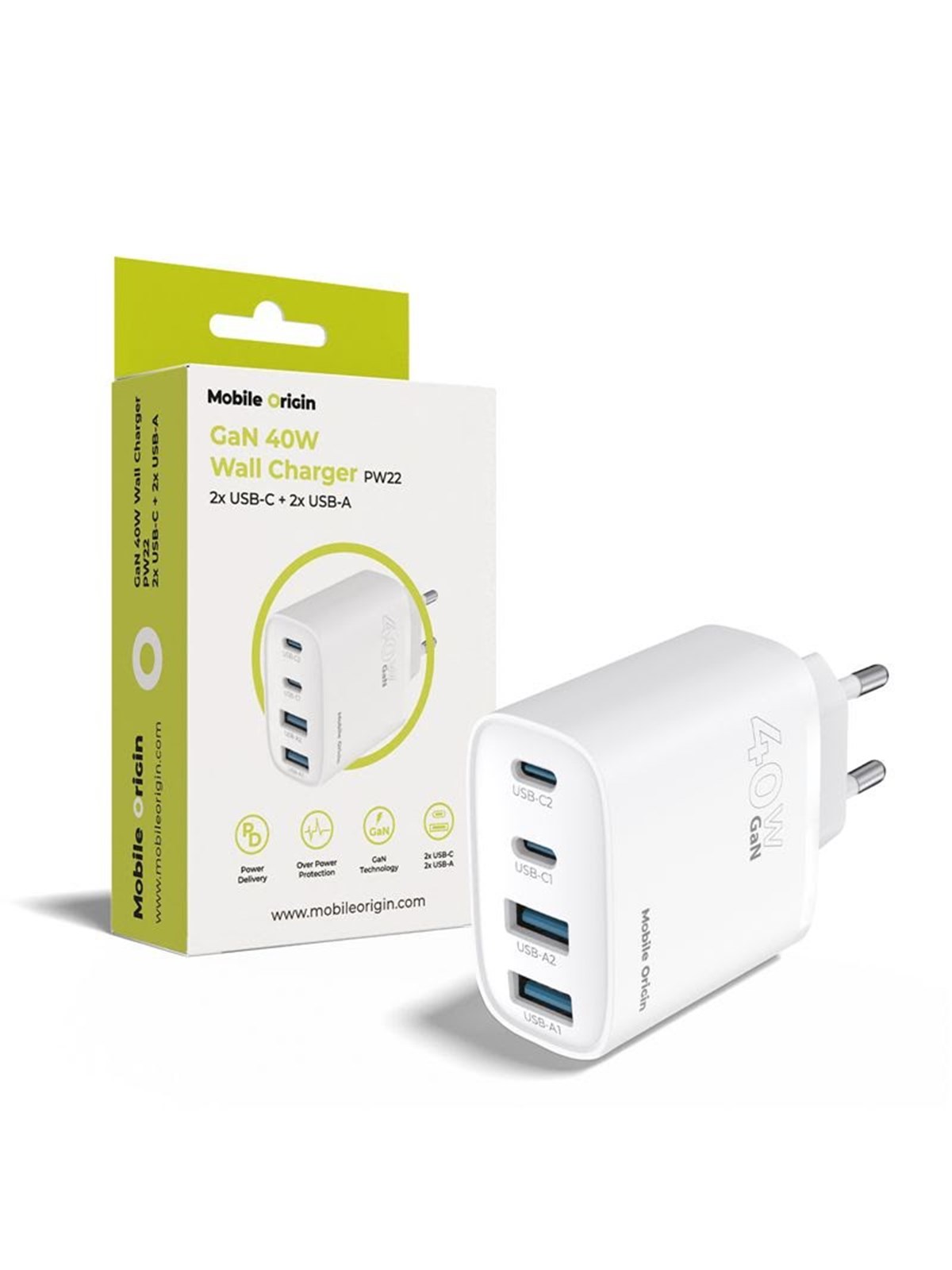 Mobile Origin 40W GaN Wall Charger PW22 - 2x USB-C + 2x USB-A, Mobil Oplader