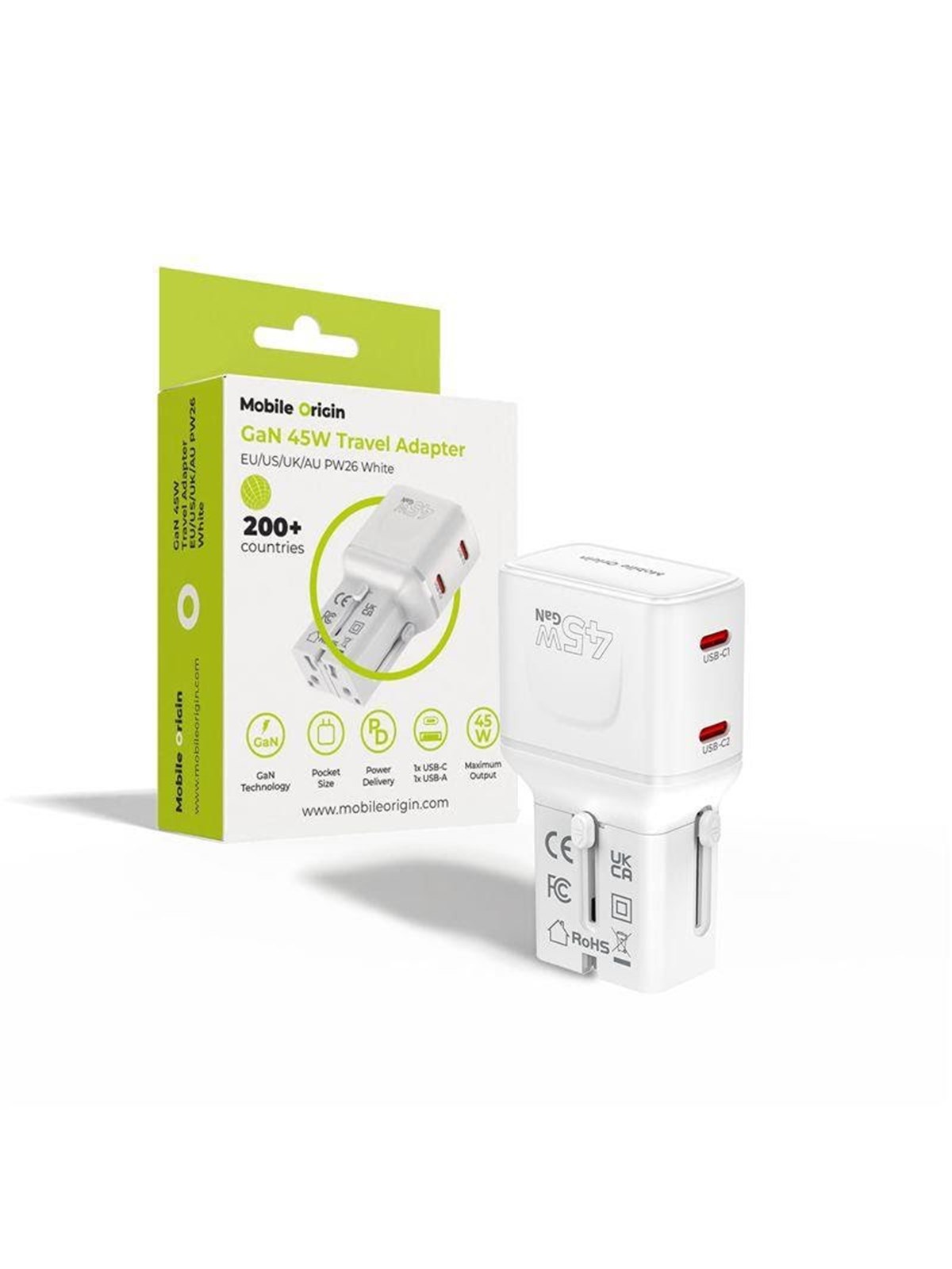 Mobile Origin 45W Travel Adapter - EU/US/UK/AU PW26 - white, Mobil Oplader