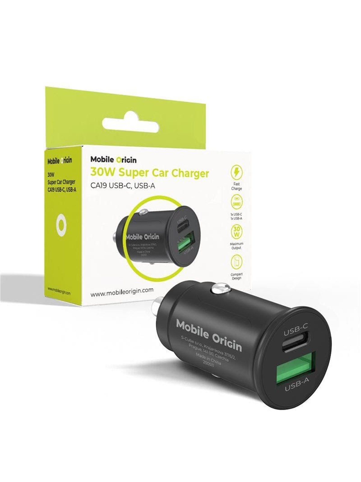 Mobile Origin 30W Super Car Charger CA19 - USB-C - USB-A, Mobil Oplader
