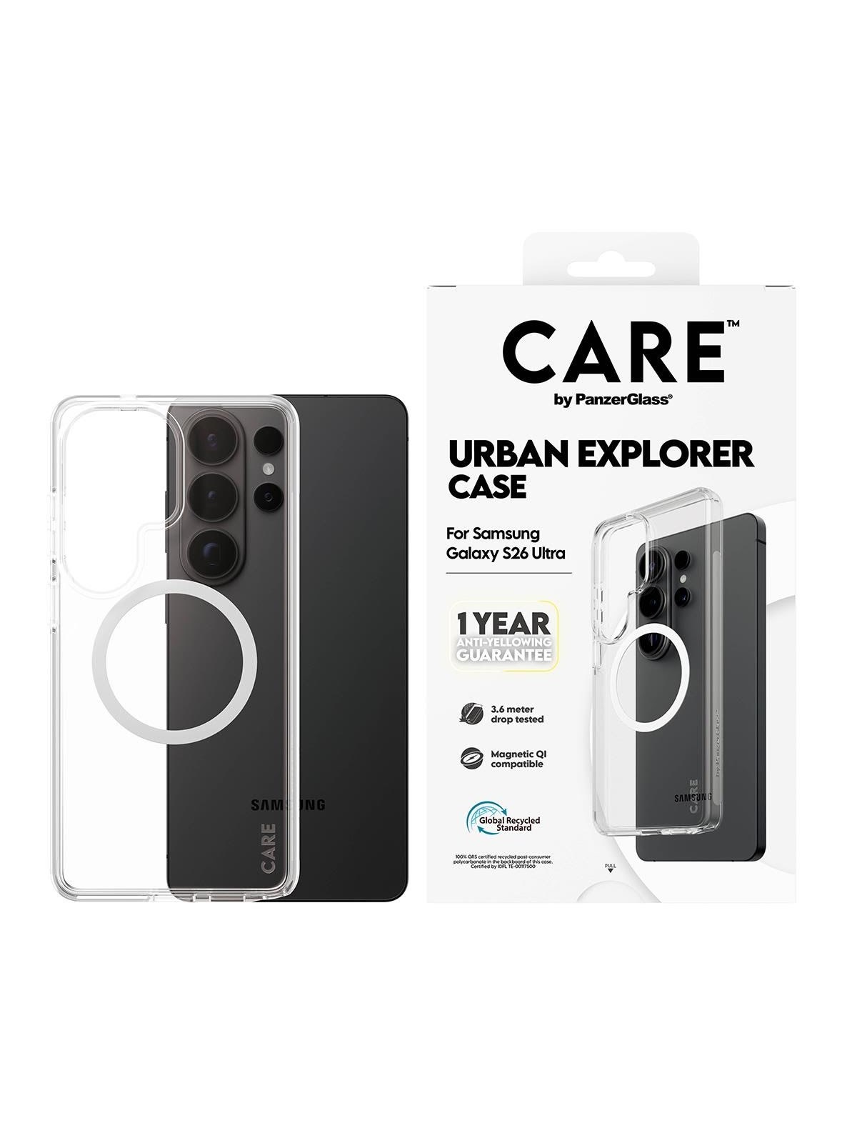 CARE by PanzerGlass Urban Explorer Case Transparent w. White Qi Samsung Galaxy S26 Ultra