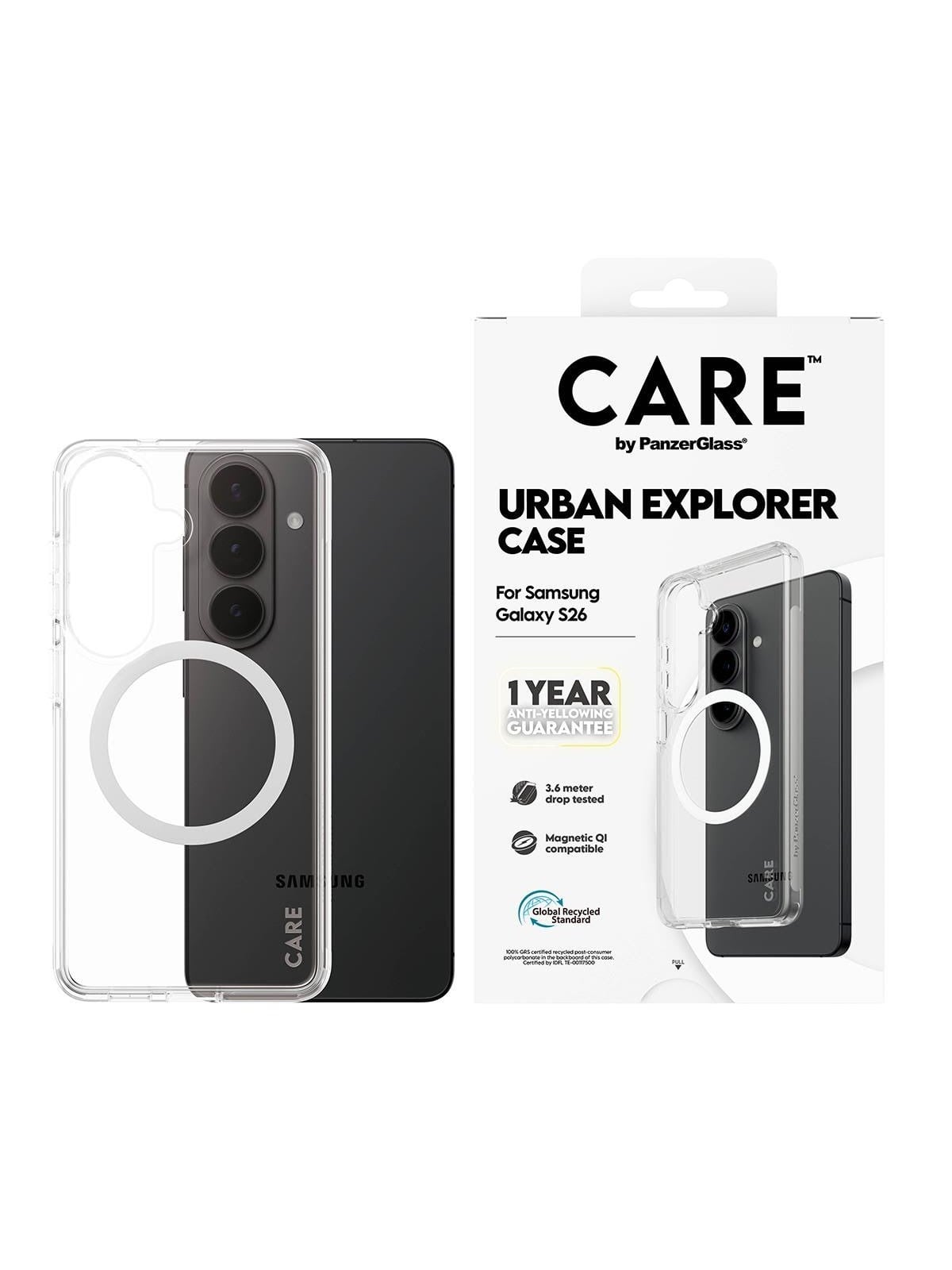 CARE by PanzerGlass Urban Explorer Case Transparent w. White Qi Samsung Galaxy S26
