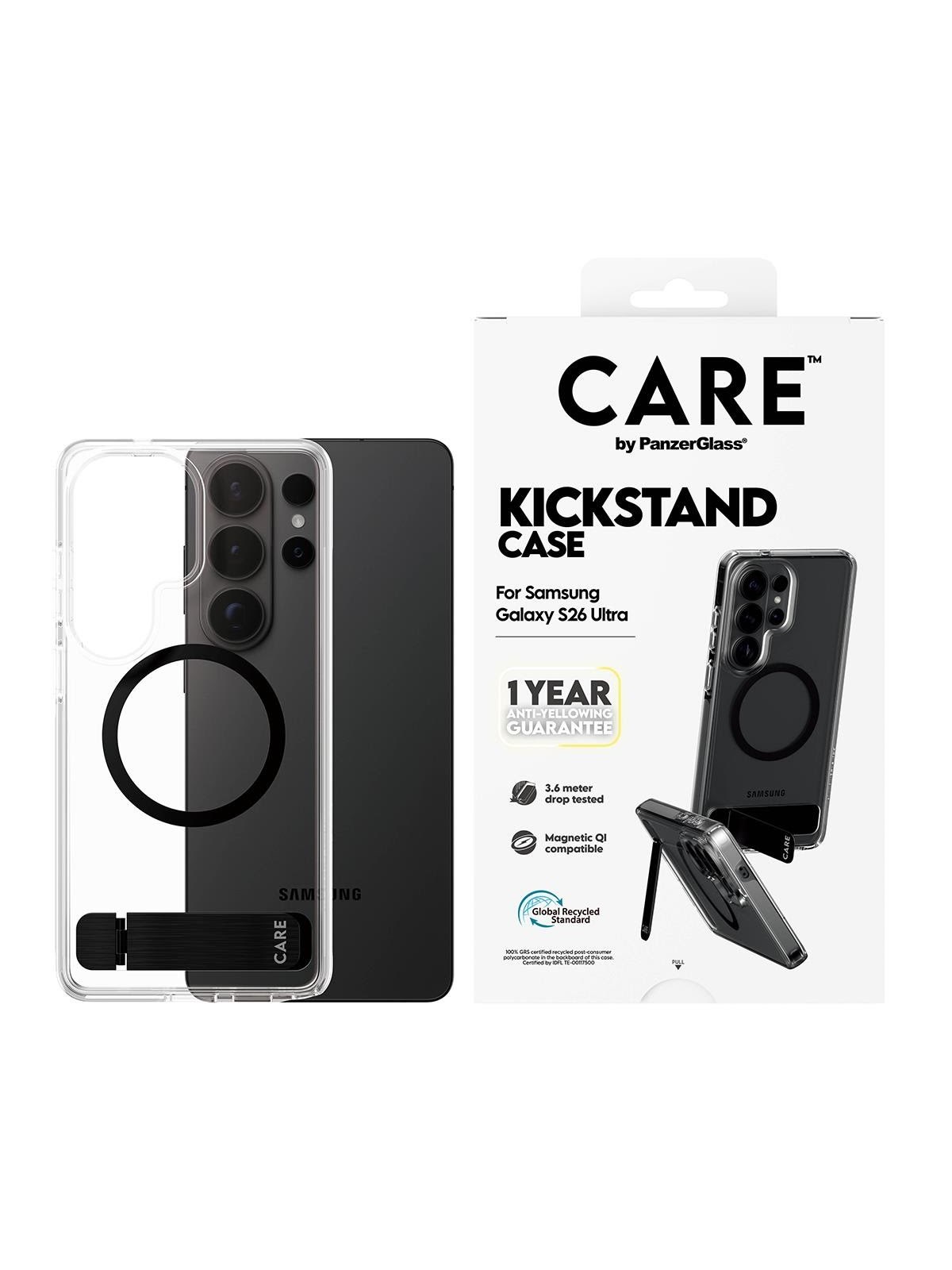 CARE by PanzerGlass Urban Explorer Case Transparent w. Black Kickstand & Qi Samsung Galaxy S26 Ultra